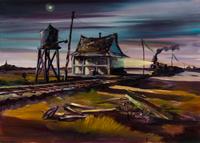 Robert Rucker, (American, 1932-2001), Moonlit Train Scene