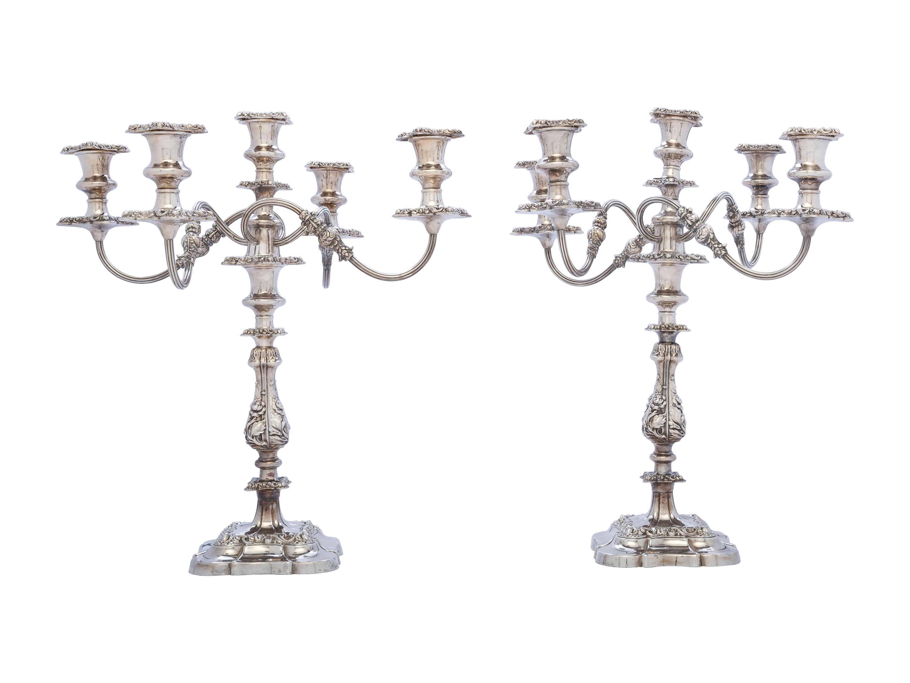 A Pair of English Silverplate Five-Light Candelabra