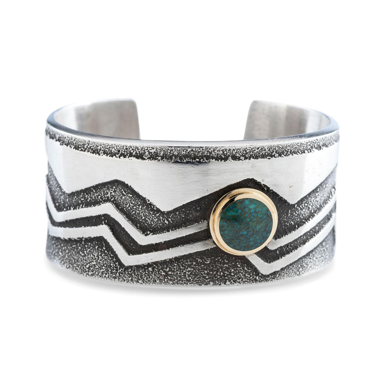 Tufa Cast Sterling Silver Cuff Bracelet, with Turquoise Cabochon in an 18K Gold Setting