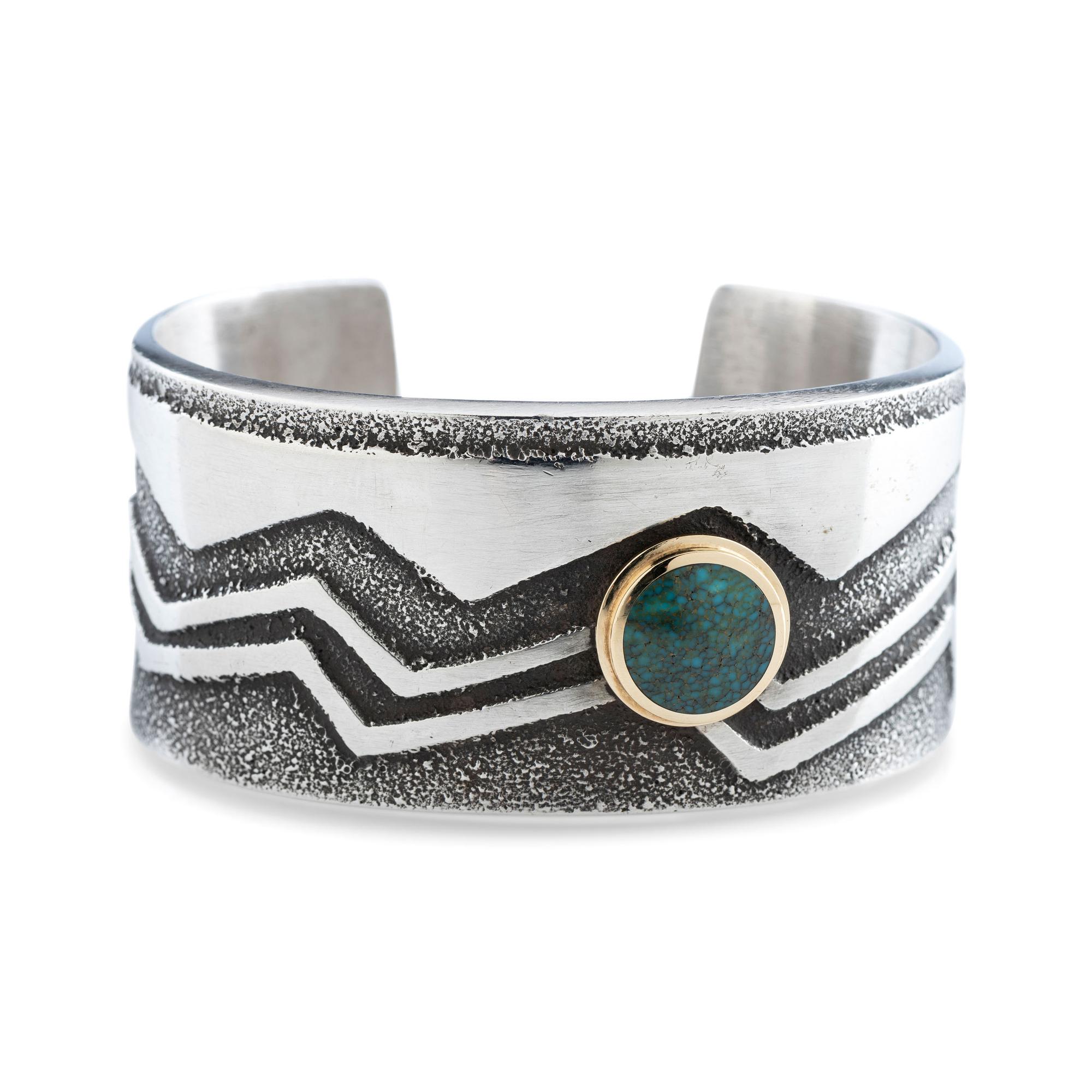 Tufa Cast Sterling Silver Cuff Bracelet, with Turquoise Cabochon in an 18K Gold Setting