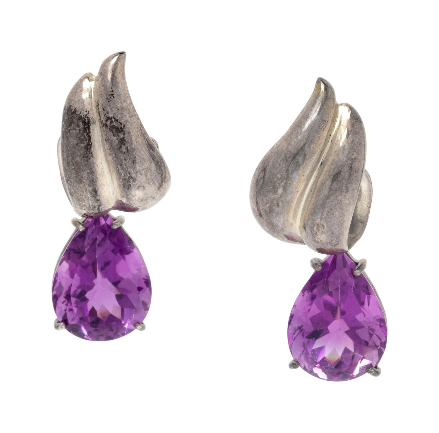 A Pair of Sterling Silver and Amethyst Earclips, Tiffany & Co., Circa 1989,