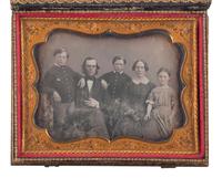 [EARLY PHOTOGRAPHY]. A group of 3 half plate daguerreotypes of large groups, incl. identified family of 5 from Maine.