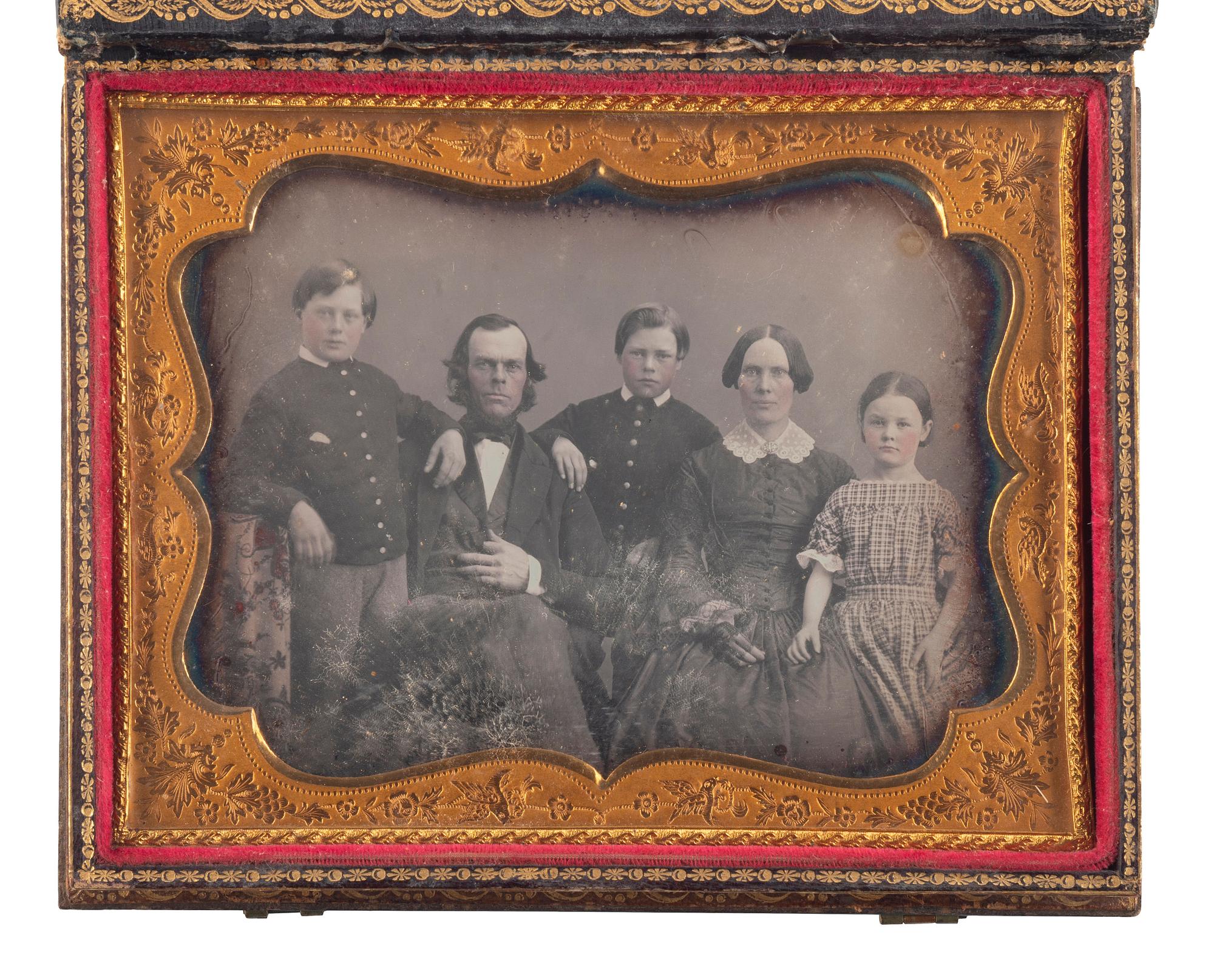 [EARLY PHOTOGRAPHY]. A group of 3 half plate daguerreotypes of large groups, incl. identified family of 5 from Maine.