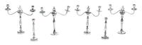 A Group of Six English Silver Candelabra, Stuart McCabe, London, each having a baluster form stem, comprising four three-light examples