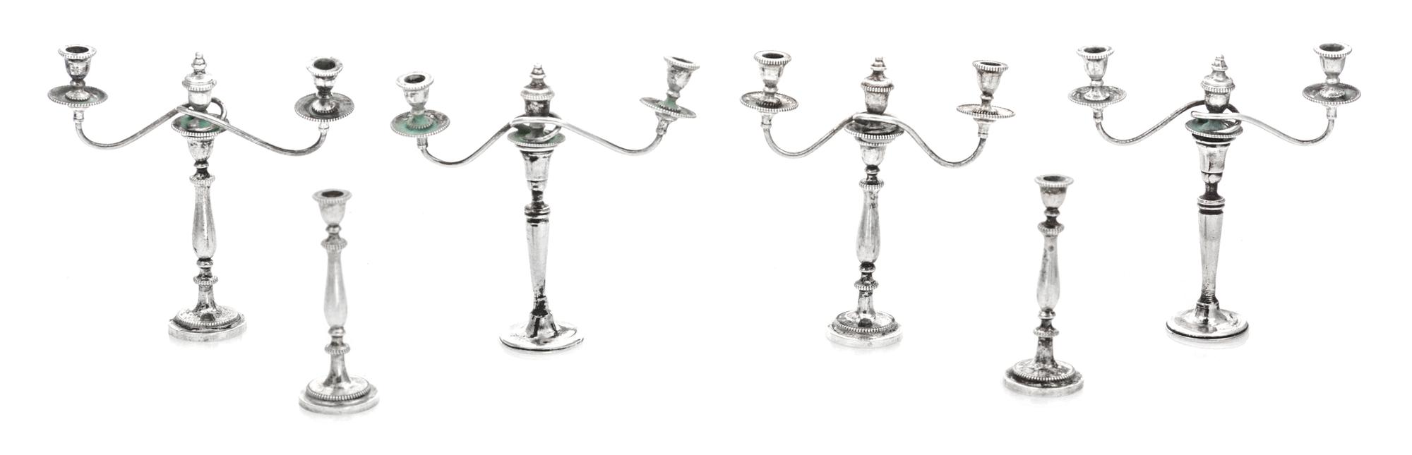 A Group of Six English Silver Candelabra, Stuart McCabe, London, each having a baluster form stem, comprising four three-light examples