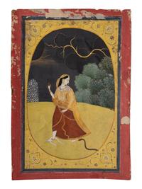 An Indian Painting of Abhisarika Nayika, Punjab Hills, Guler, Circa 1800 約1800年 印度旁遮普山丘古勒派細密畫《秘會圖》