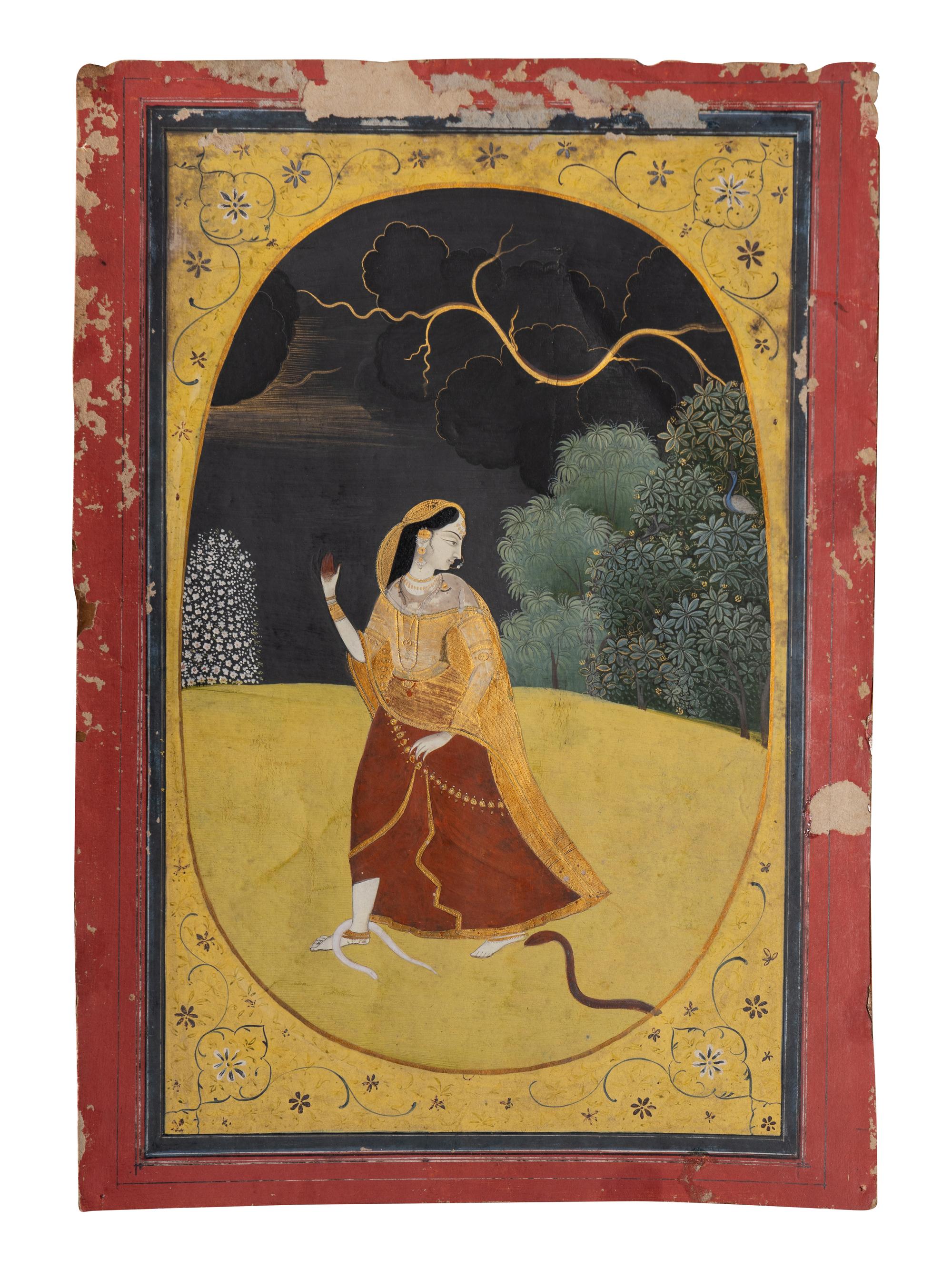 An Indian Painting of Abhisarika Nayika, Punjab Hills, Guler, Circa 1800 約1800年 印度旁遮普山丘古勒派細密畫《秘會圖》