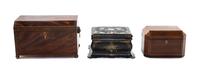 Three English Tea Caddies, Height of tallest 7 1/4 x width 11 3/4 x depth 7 3/8 inches.