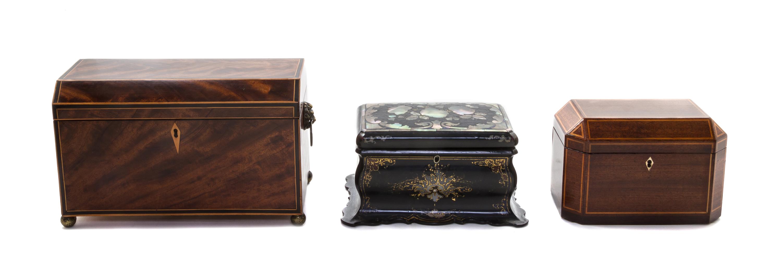 Three English Tea Caddies, Height of tallest 7 1/4 x width 11 3/4 x depth 7 3/8 inches.