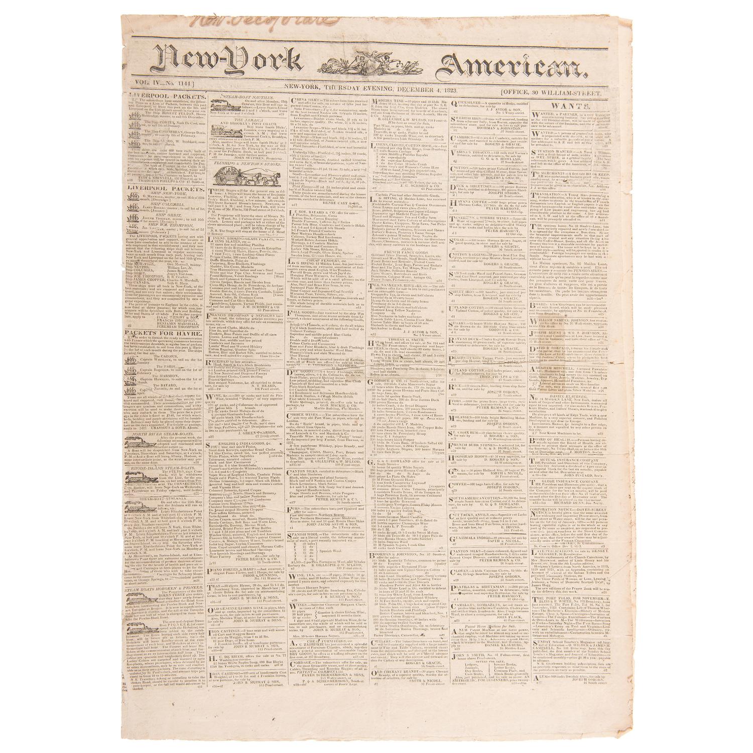 John Quincy Adams' Personal Issue of the New York American Featuring his Monroe Doctrine