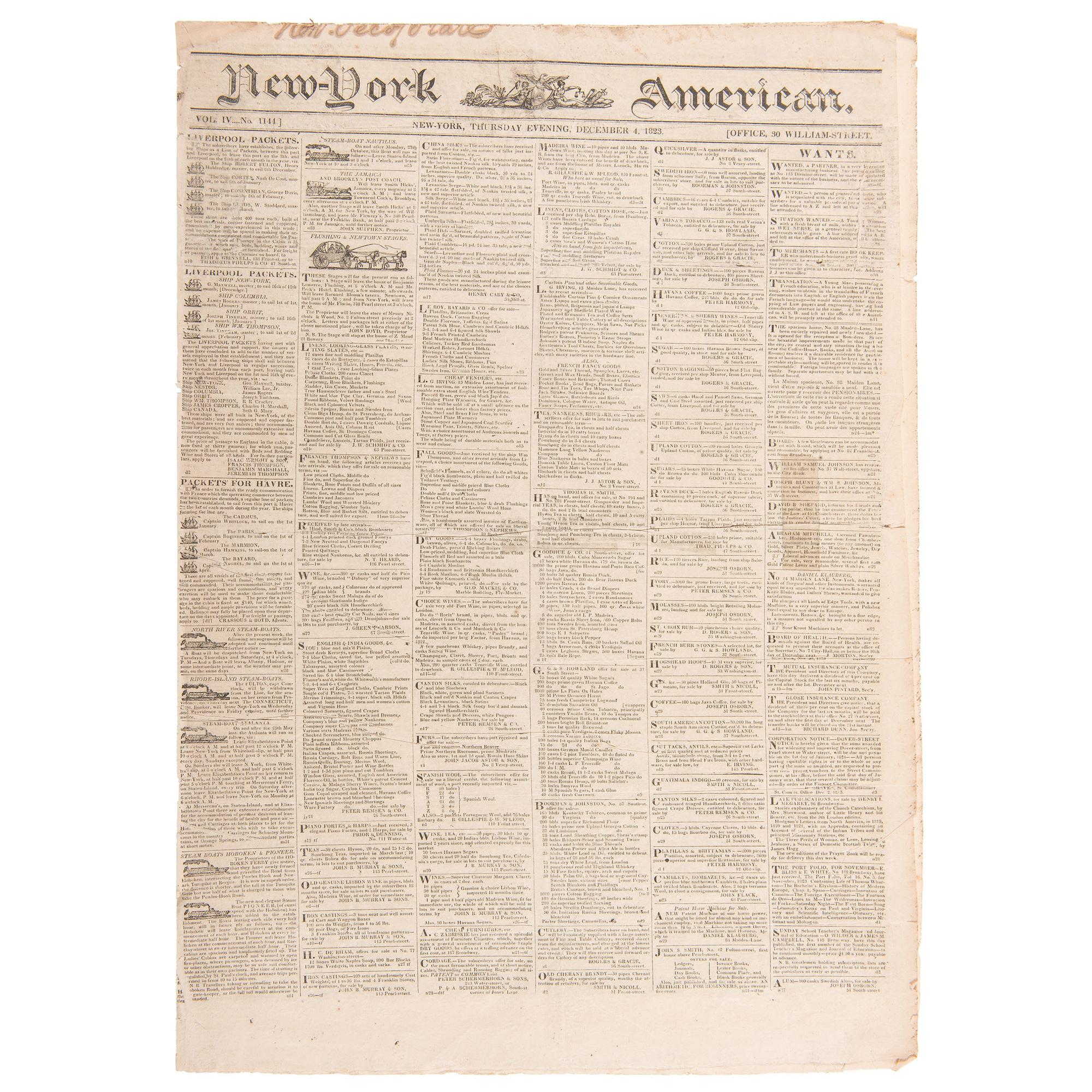 John Quincy Adams' Personal Issue of the New York American Featuring his Monroe Doctrine