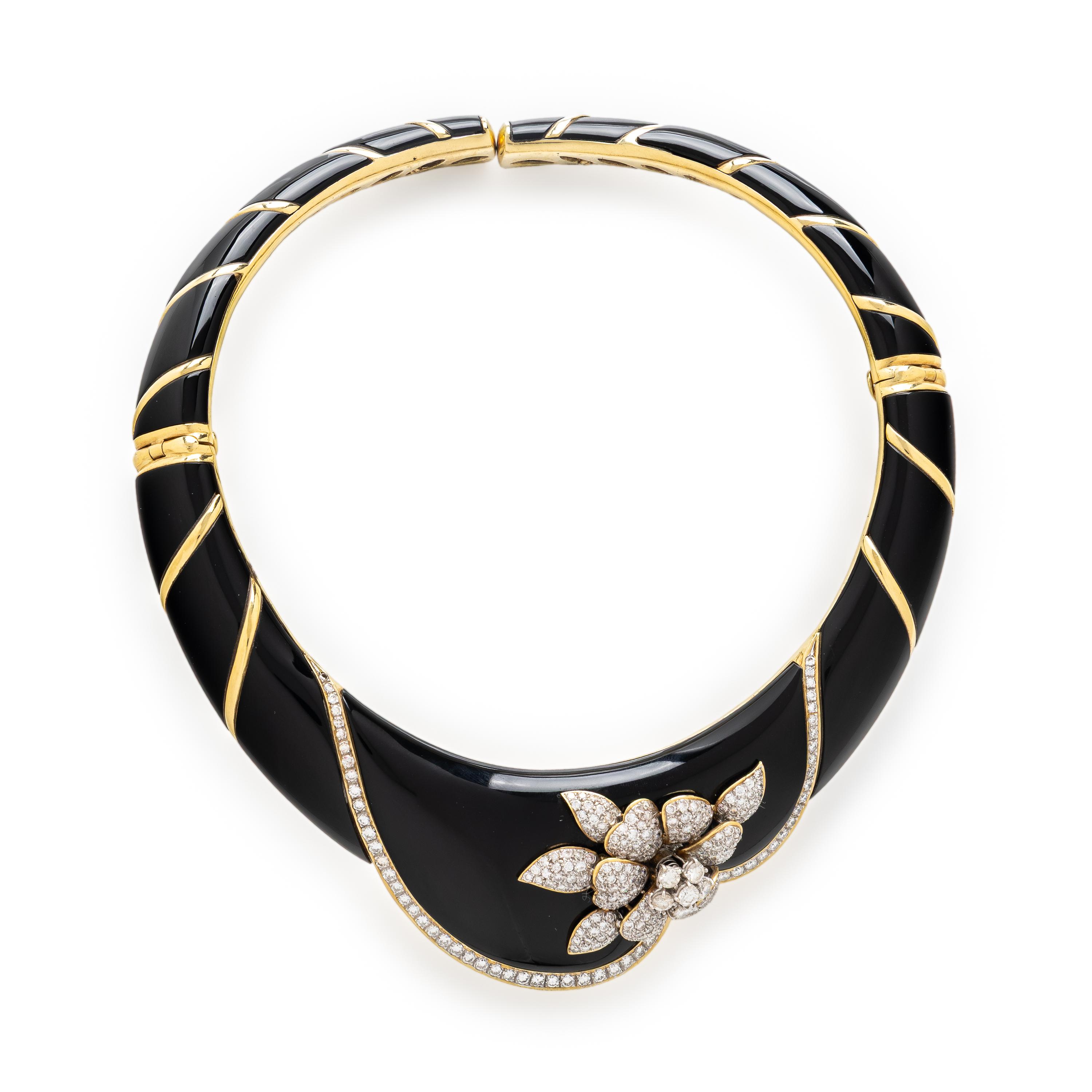 Onyx, Diamond, and Yellow Gold Collar Necklace