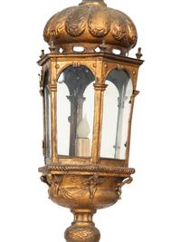 A Pair of Italian Painted and Parcel Gilt Tole Gondola Style Lanterns