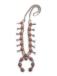 Navajo Silver and Coral Squash Blossom Necklace