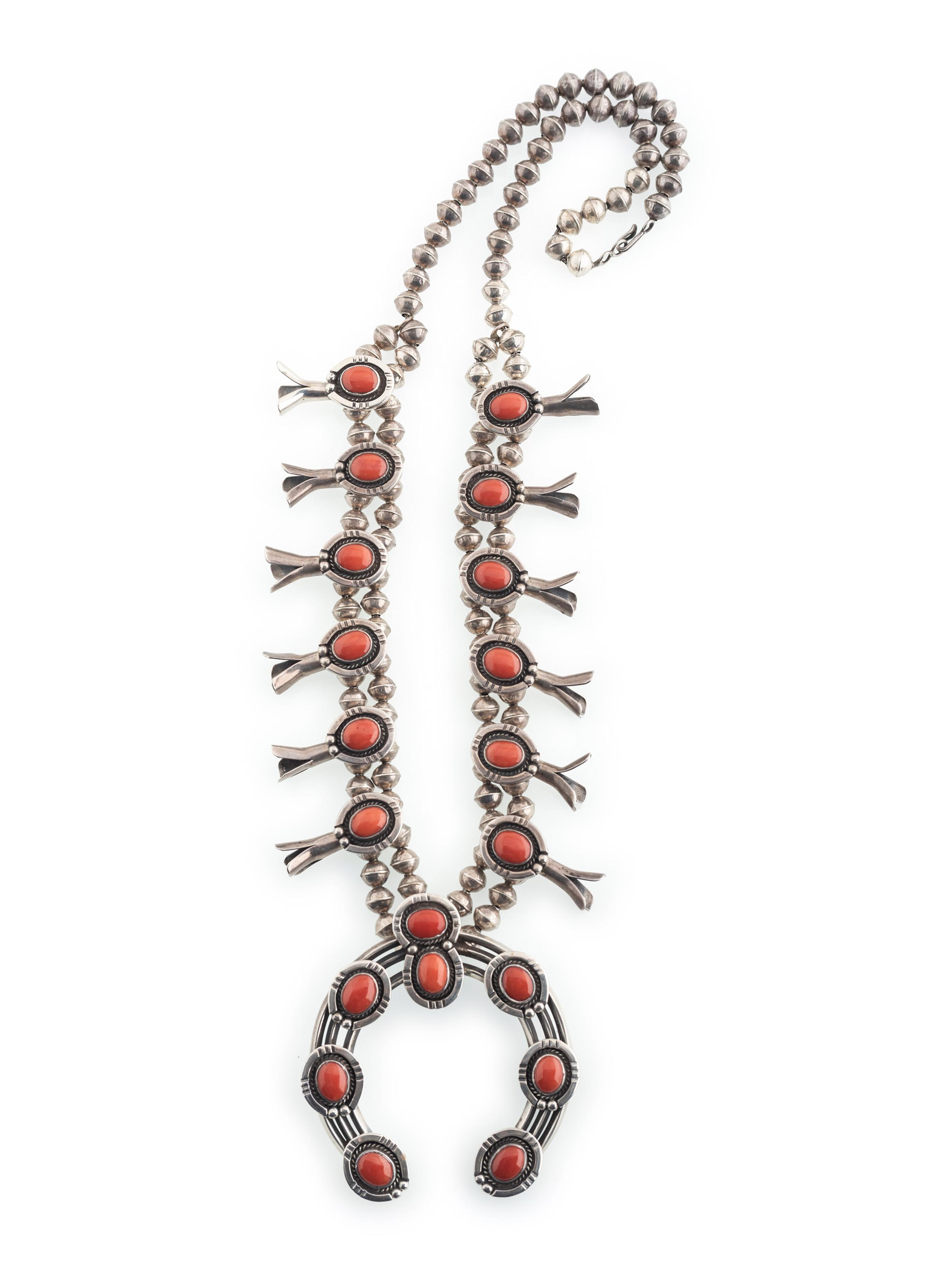 Navajo Silver and Coral Squash Blossom Necklace
