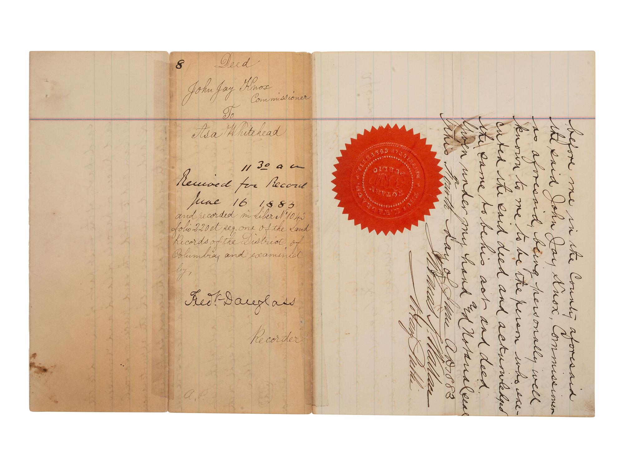 DOUGLASS, Frederick (ca 1818-1895). Land indenture involving the Freedman's Savings and Trust Company. Washington, DC, 4 June 1883. Signed by John Jay KNOX, Charles J. FOLGER, and Frederick DOUGLASS.