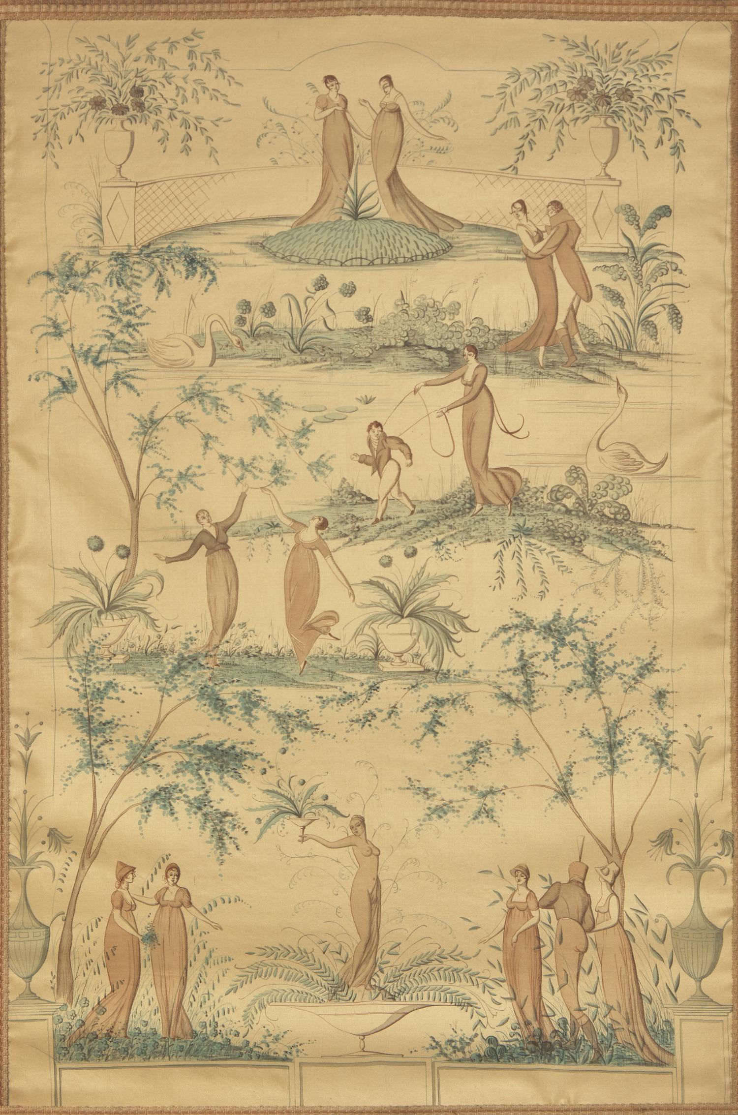 A Regency Revival Painted Taffeta Panel