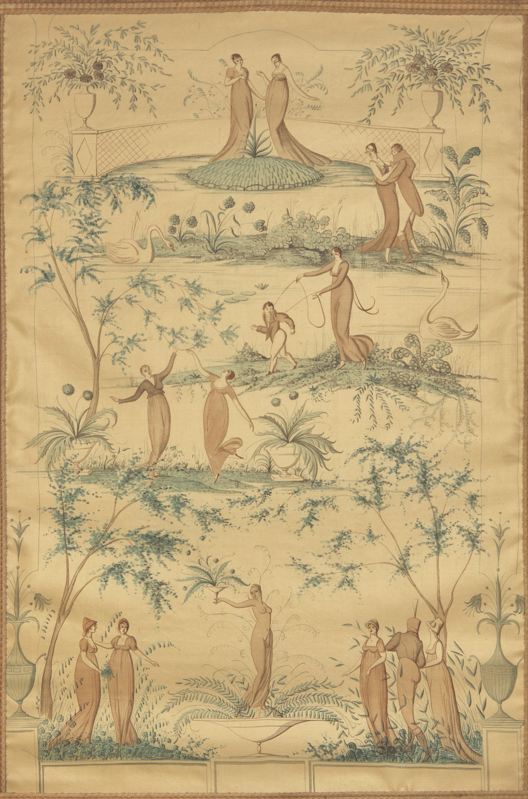 A Regency Revival Painted Taffeta Panel