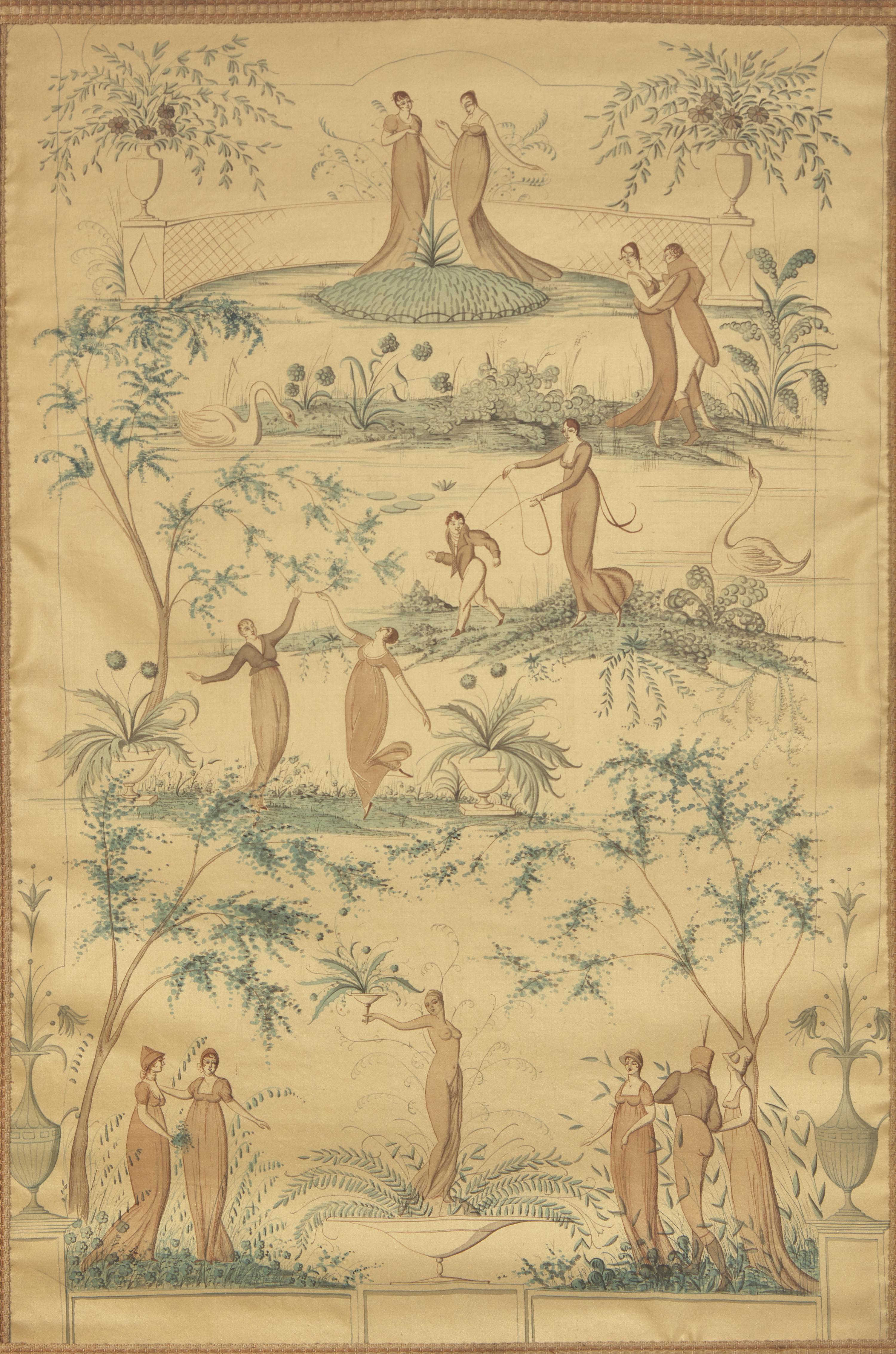 A Regency Revival Painted Taffeta Panel