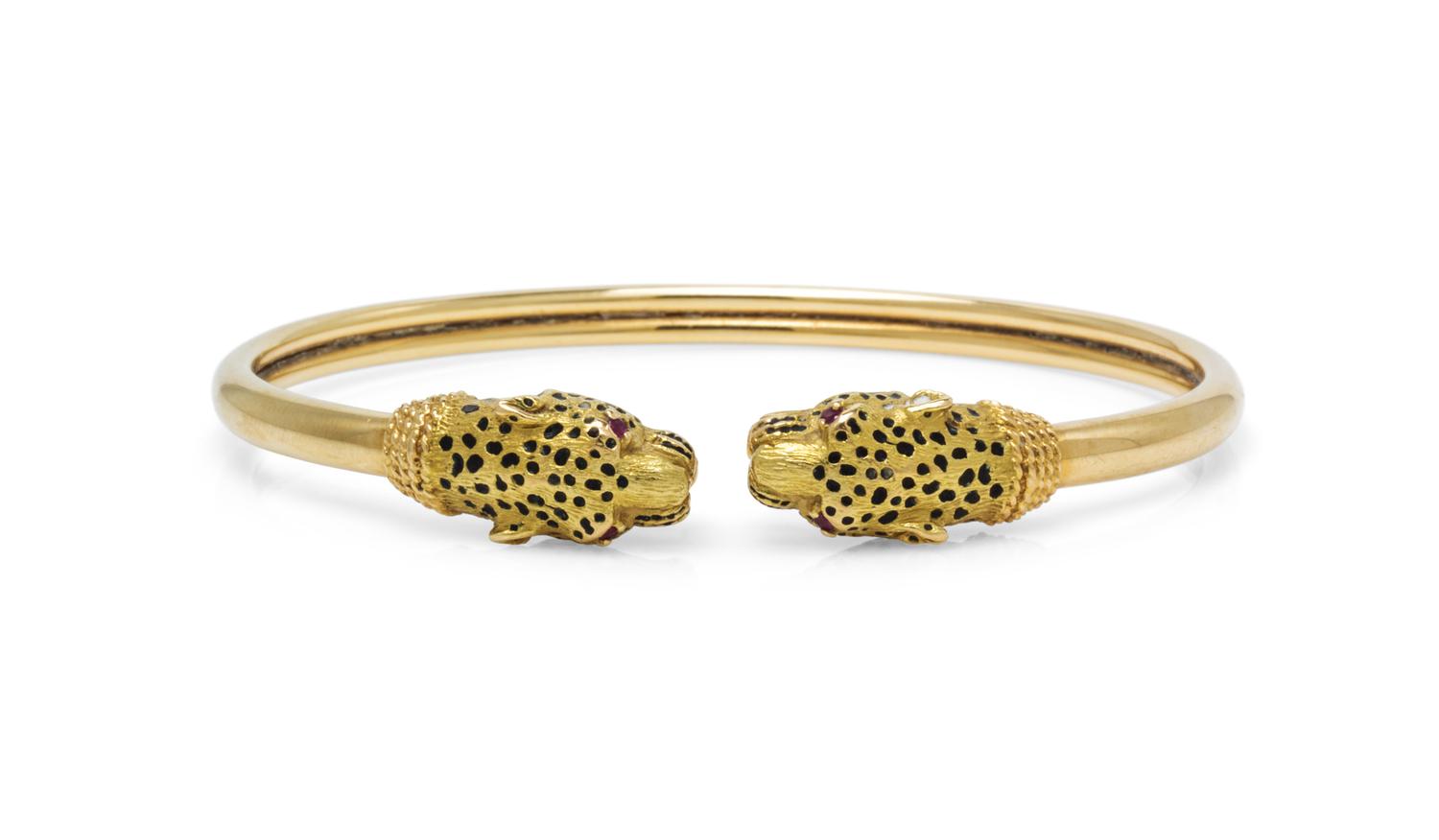 An 18 Karat Yellow Gold, Enamel and Ruby Panther Bracelet, French, 11.00 dwts.
