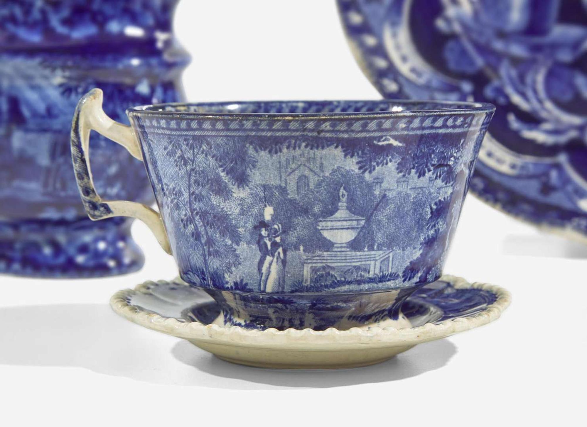 A group of six Staffordshire Historical Blue tablewares, England, first half 19th century