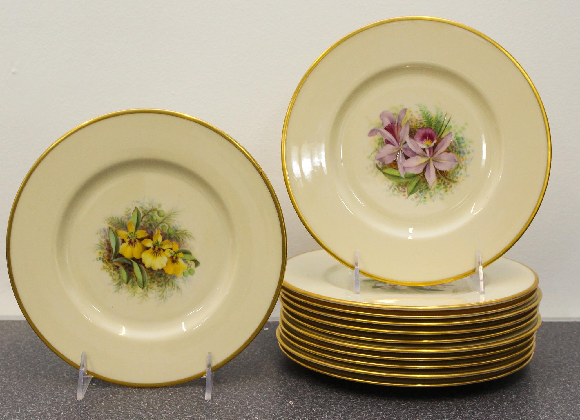 Jan Nosek and F. Fenzl, Lenox, c.1930, a set of twelve hand painted orchid plates