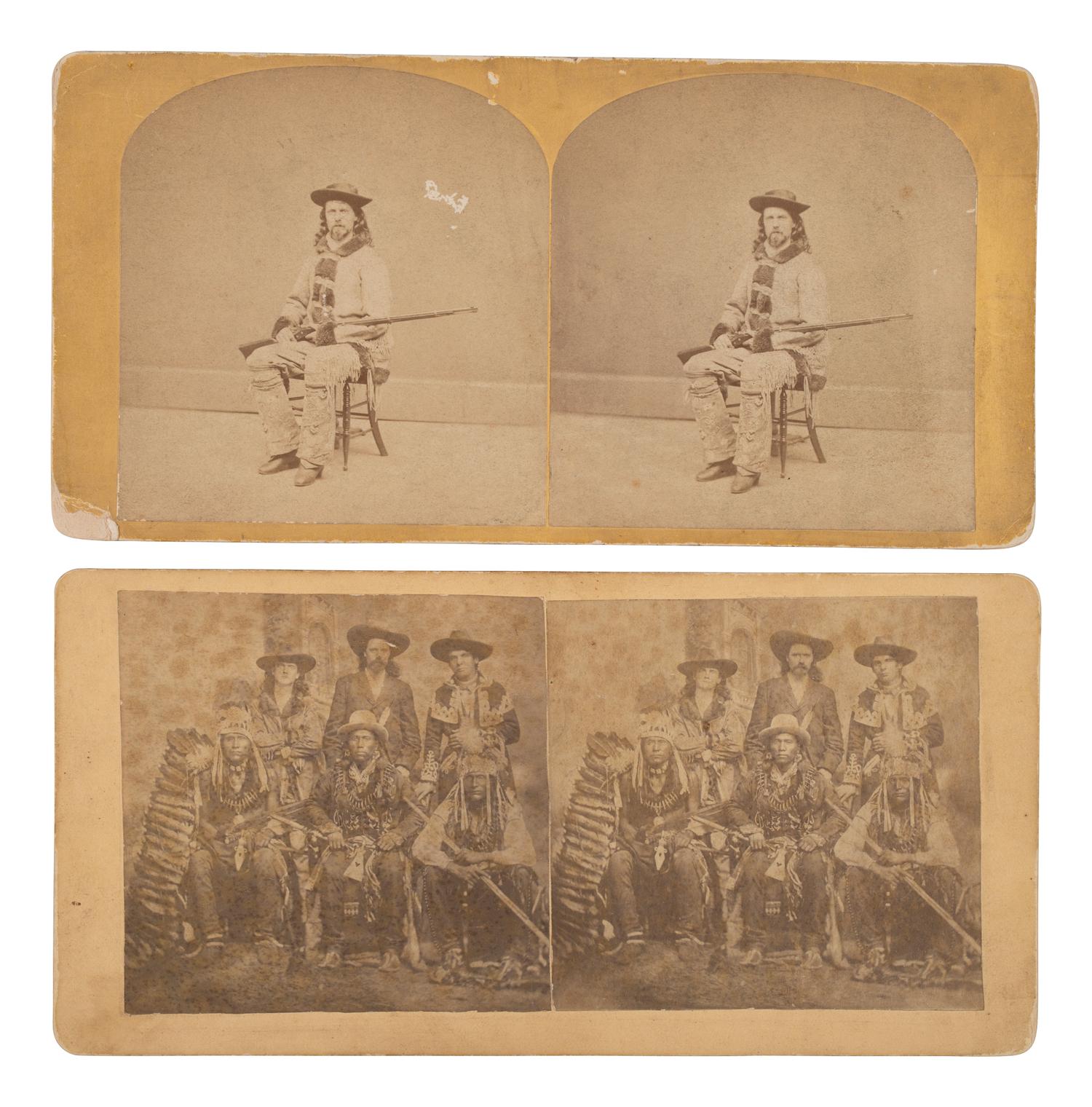 A group of 2 rare stereoviews of William F. "Buffalo Bill" Cody, incl. the showman with his Creedmore rifle and a group portrait with Pawnee Indians and interpreters.