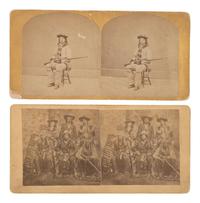 A group of 2 rare stereoviews of William F. "Buffalo Bill" Cody, incl. the showman with his Creedmore rifle and a group portrait with Pawnee Indians and interpreters.