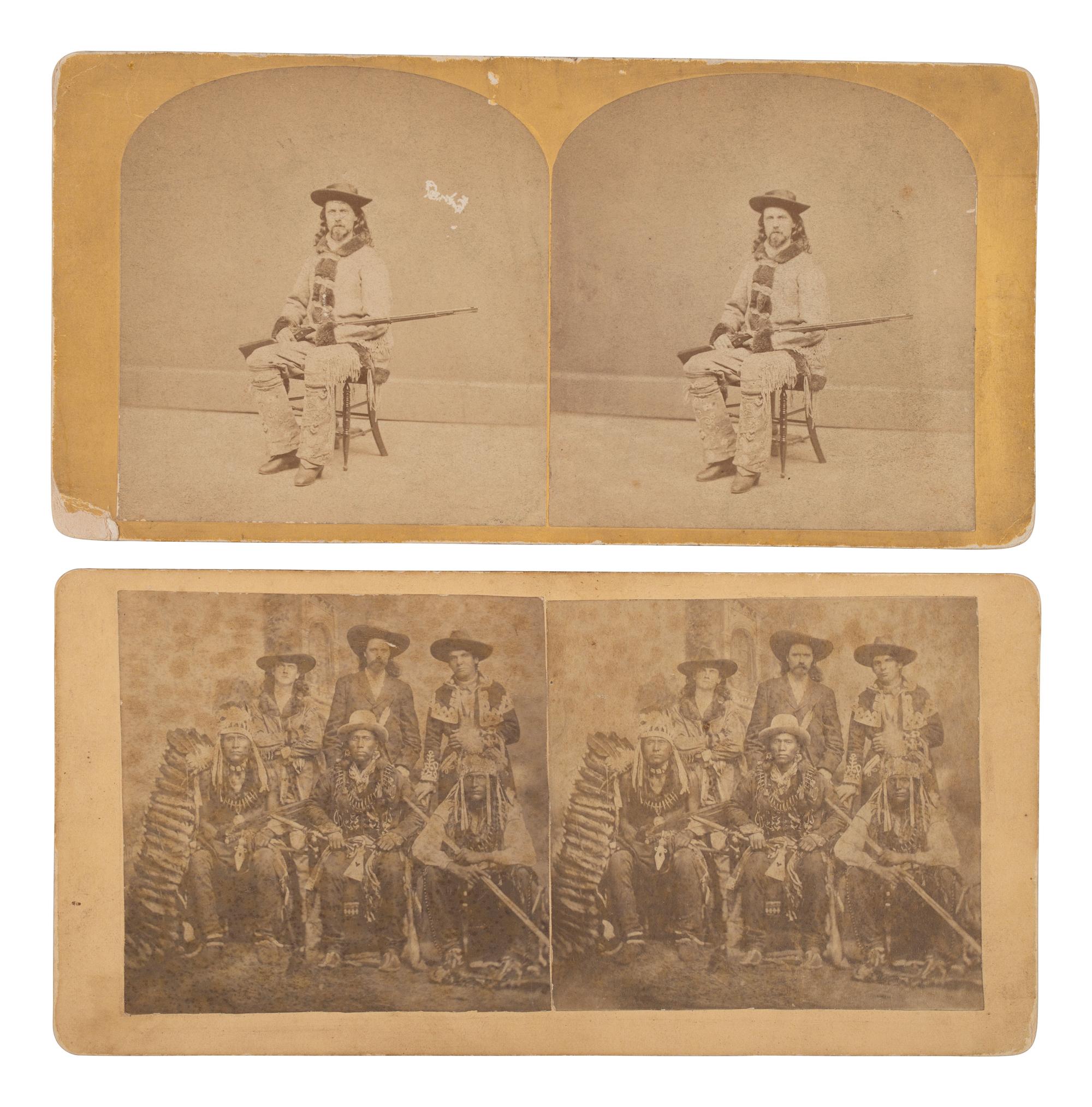A group of 2 rare stereoviews of William F. "Buffalo Bill" Cody, incl. the showman with his Creedmore rifle and a group portrait with Pawnee Indians and interpreters.