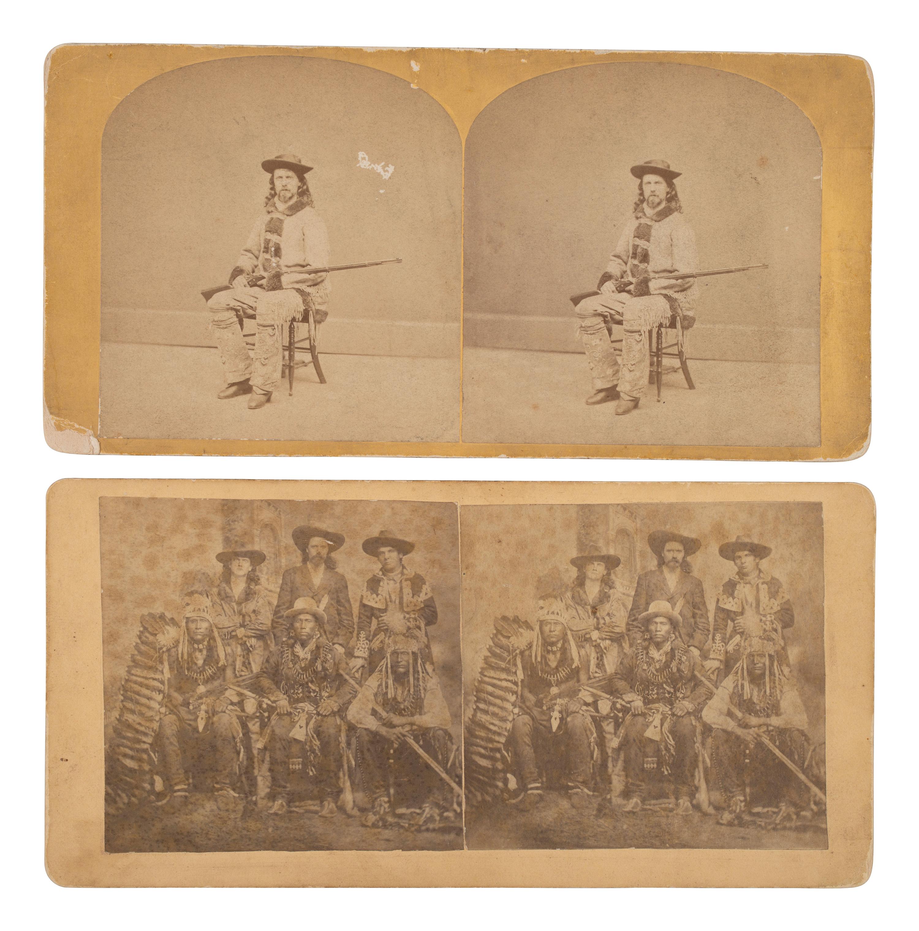 A group of 2 rare stereoviews of William F. "Buffalo Bill" Cody, incl. the showman with his Creedmore rifle and a group portrait with Pawnee Indians and interpreters.