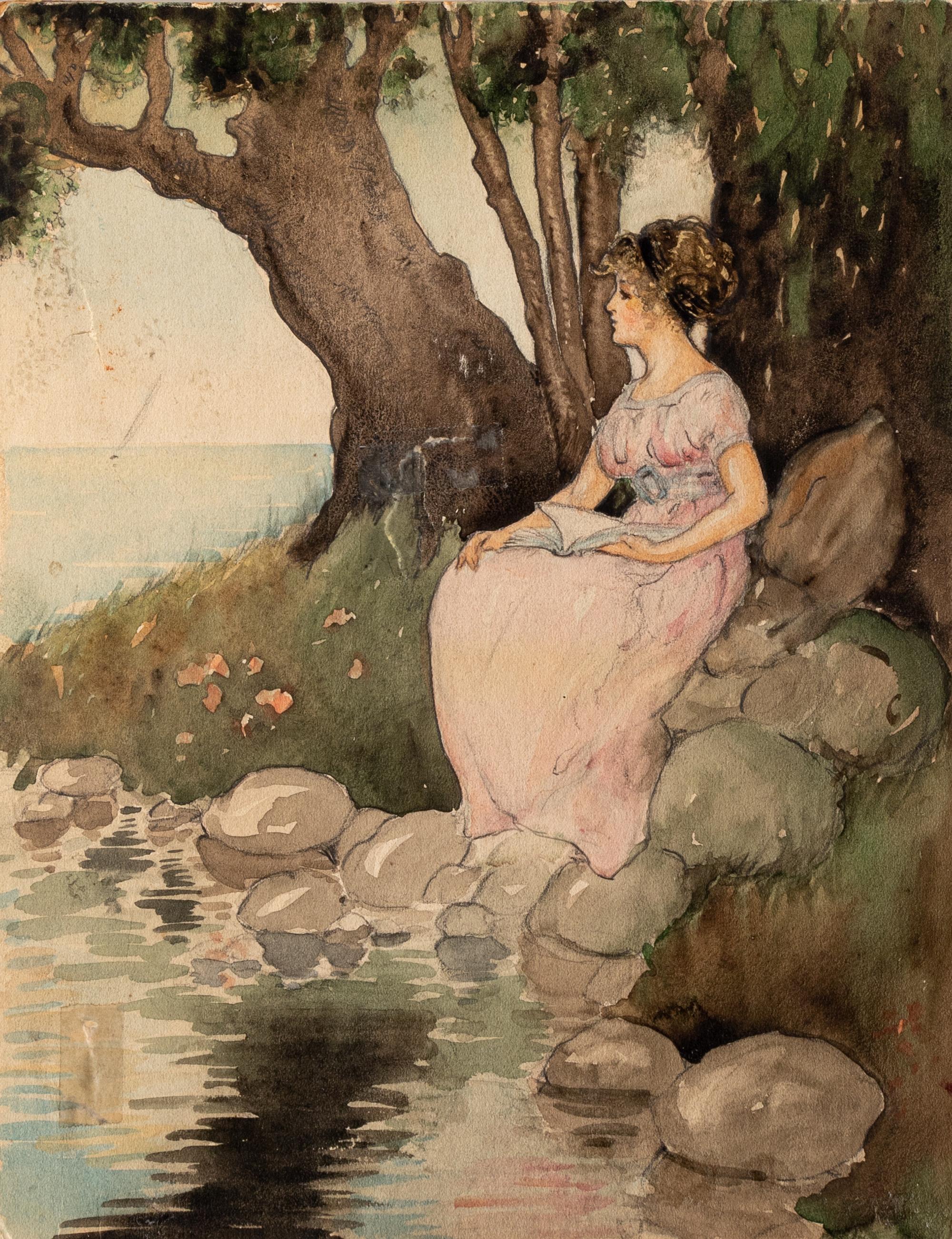 Portrait of a Lady in an Interior and Young Woman Reading by the Shore (two works)