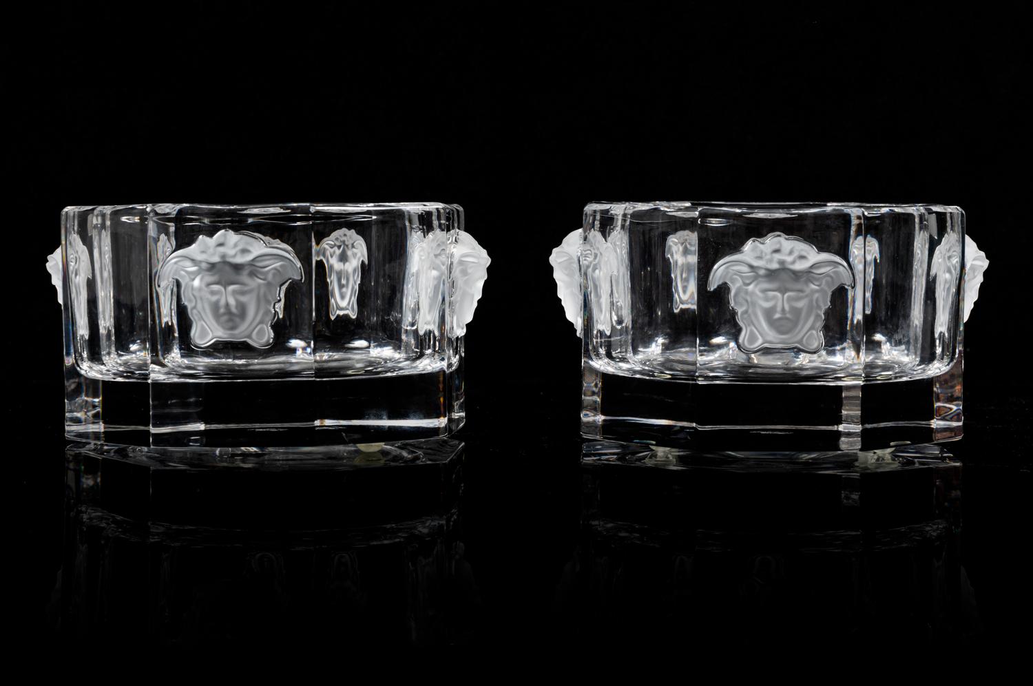 A Pair of Versace for Rosenthal Molded and Frosted Glass Wine Coasters Width 5 inches. — 20TH CENTURY