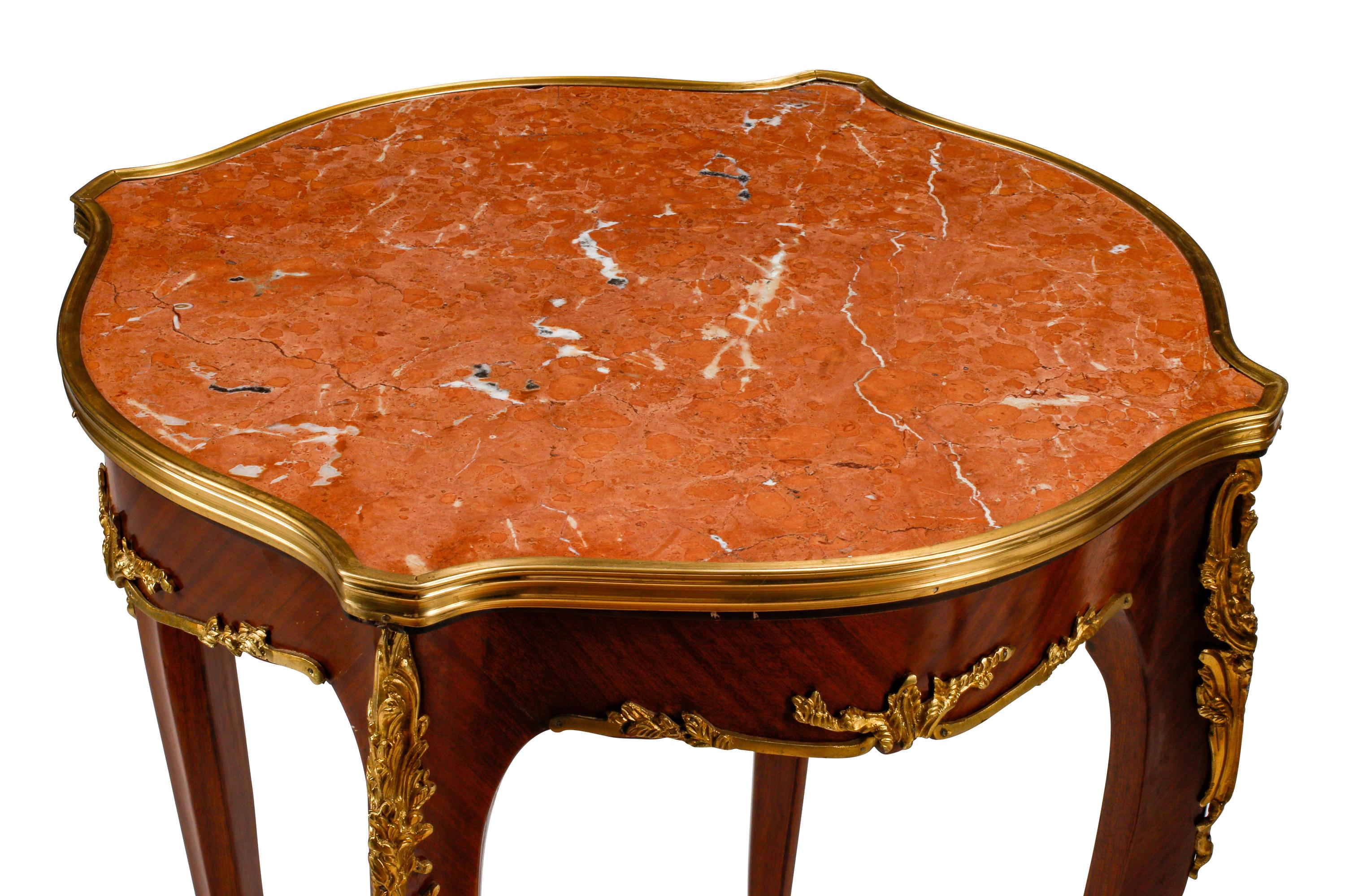 A Pair of Louis XV Style Mahogany and Gilt Bronze Mounted Marble-Top Tables