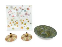 Collection of Three Articles comprising a pair of candlesticks, a square serving tray, and a bowl.