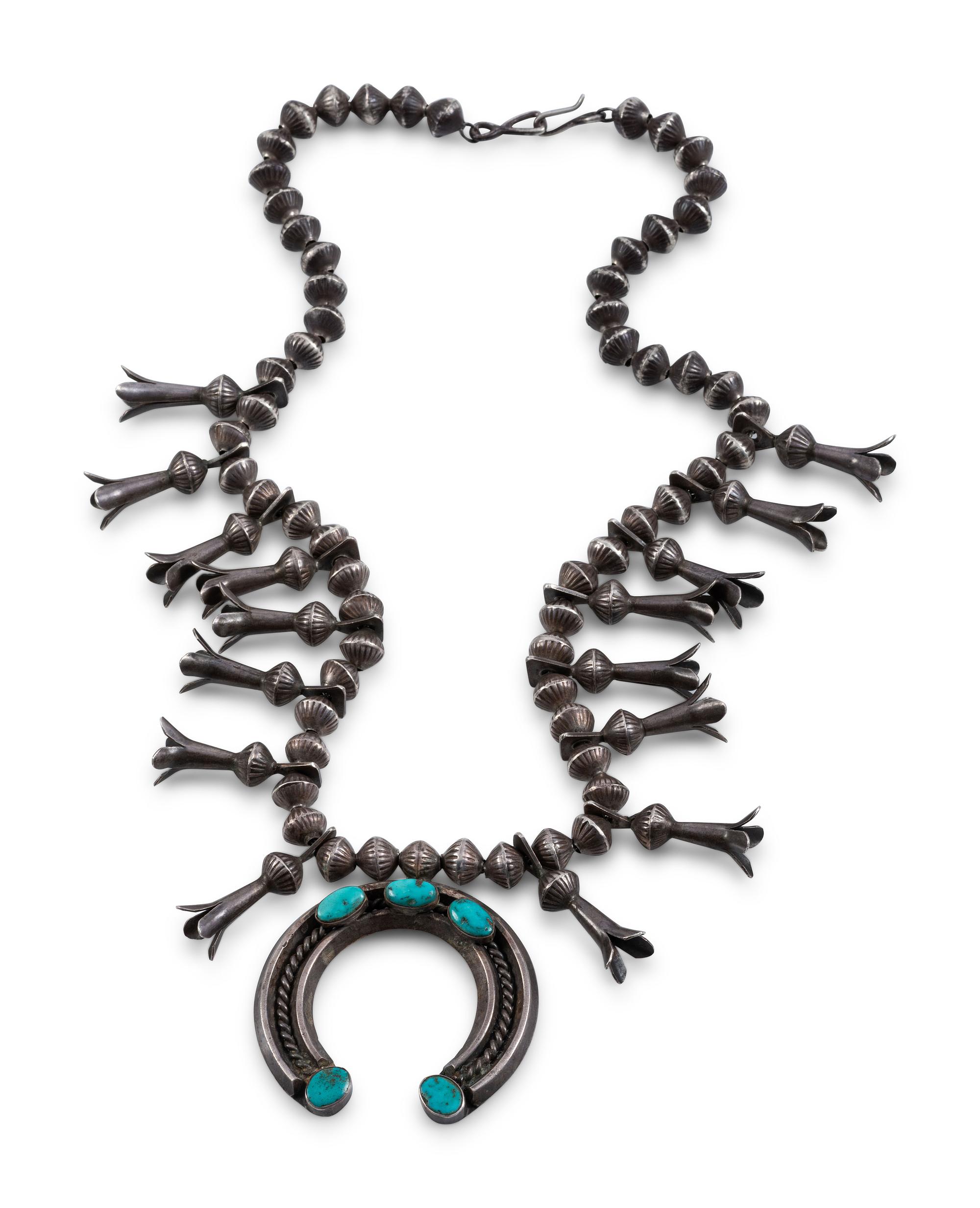 Navajo Silver and Turquoise Squash Blossom Necklace