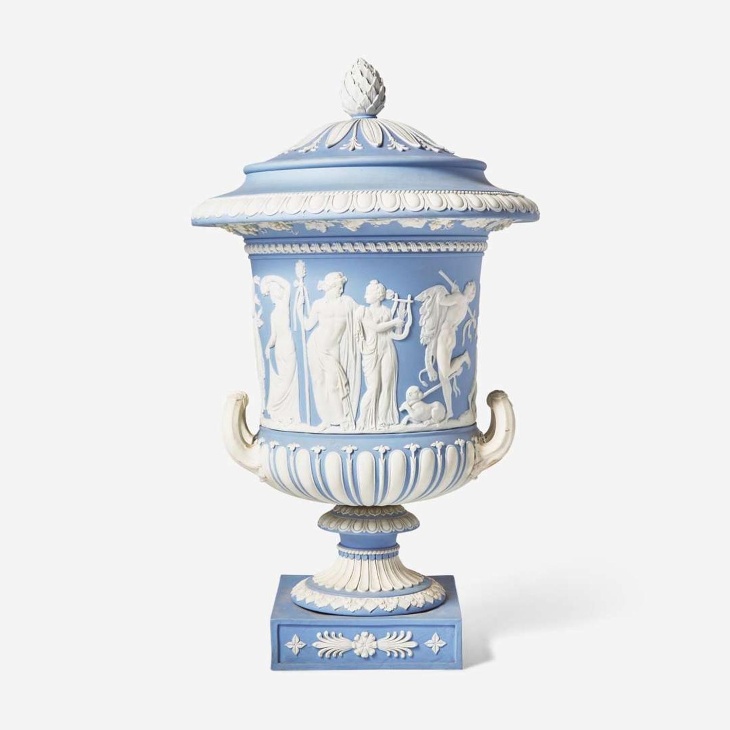 A Wedgwood Solid Light Blue Jasperware Borghese Vase and Cover UK, early 19th century