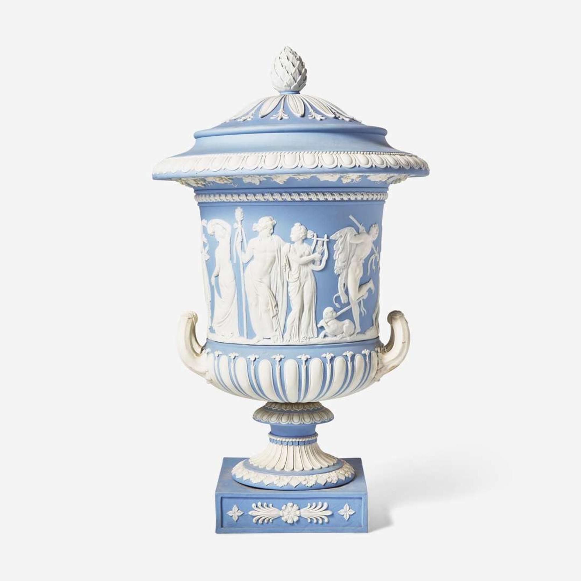 A Wedgwood Solid Light Blue Jasperware Borghese Vase and Cover UK, early 19th century