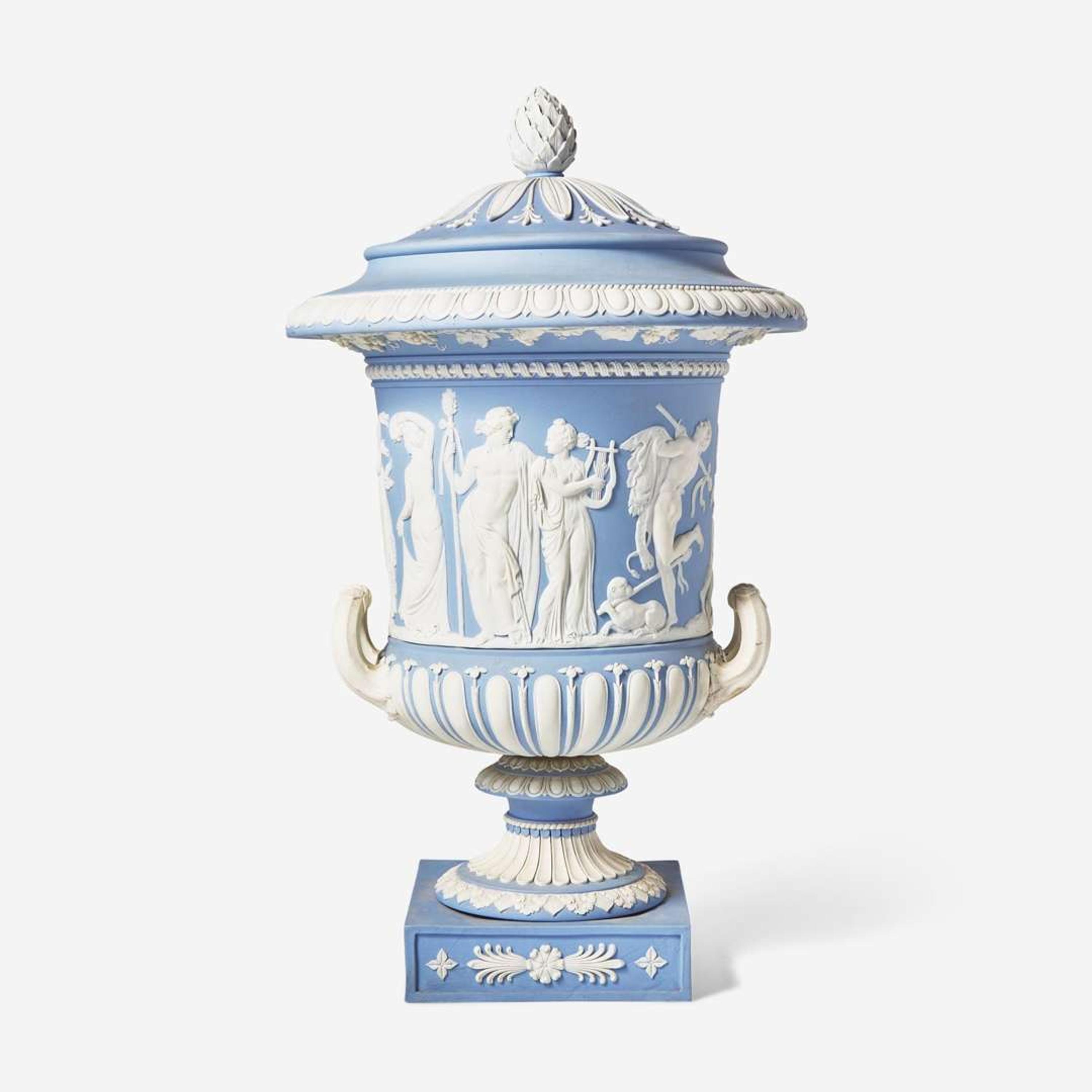 A Wedgwood Solid Light Blue Jasperware Borghese Vase and Cover UK, early 19th century