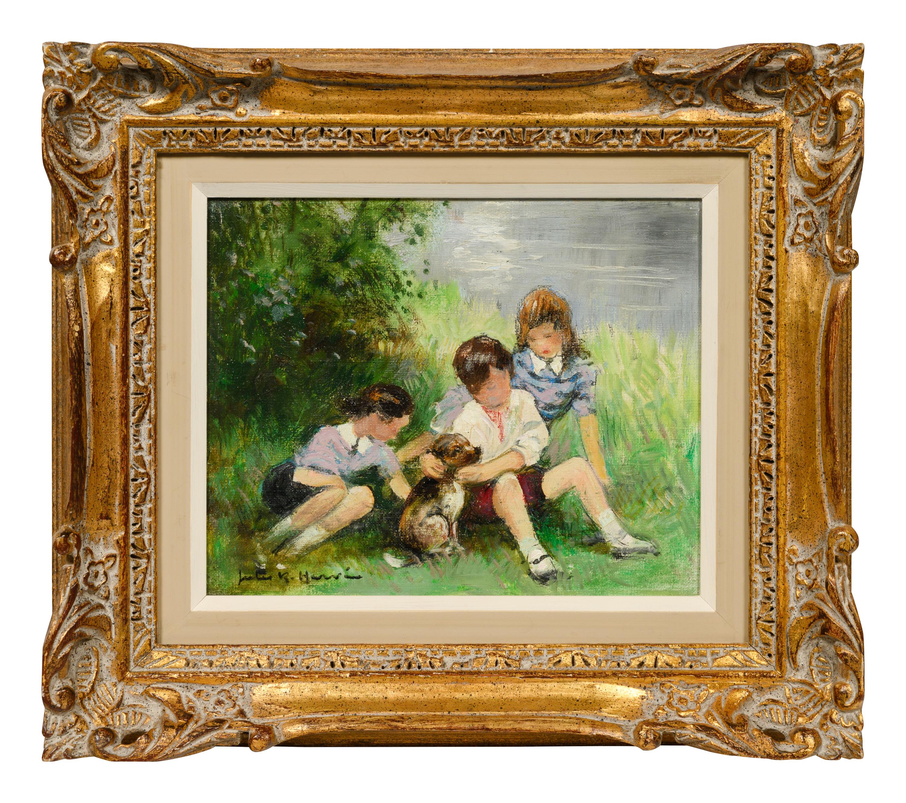 Three Children with a Dog
