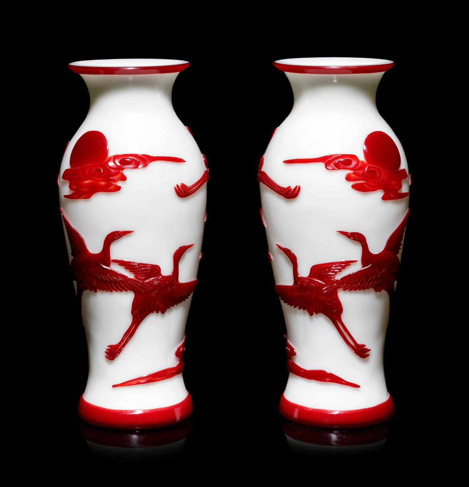 A Pair of Chinese Red Overlay Milky White Peking Glass Vases