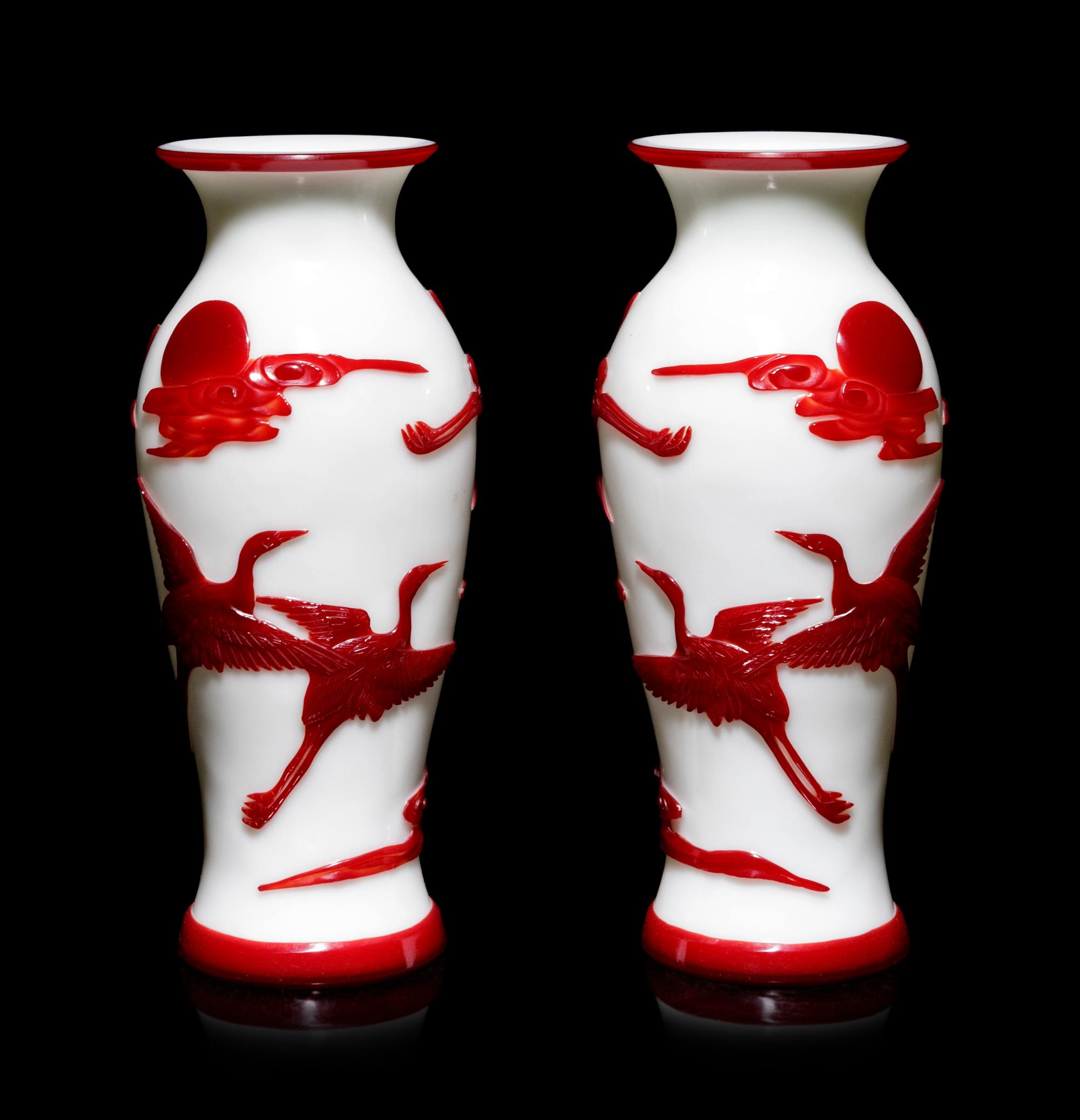 A Pair of Chinese Red Overlay Milky White Peking Glass Vases