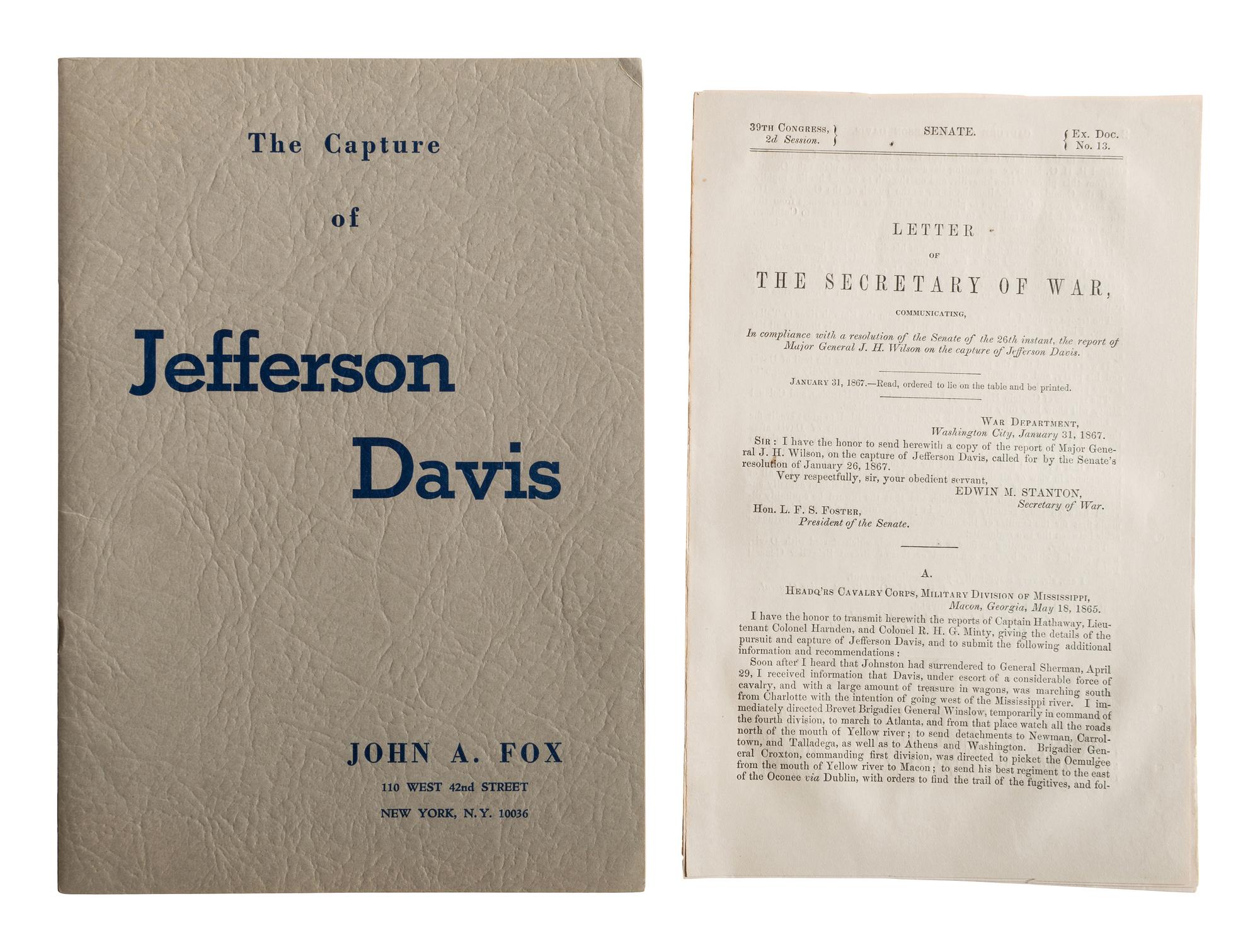 [DAVIS, Jefferson (1808-1889)]. A group of 5 items associated with the capture of Jefferson Davis after the fall of Richmond, comprising: