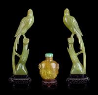 A Chinese Carved Yellow Hardstone Snuff Bottle and A Pair of Chinese Carved Hardstone Figures of Birds