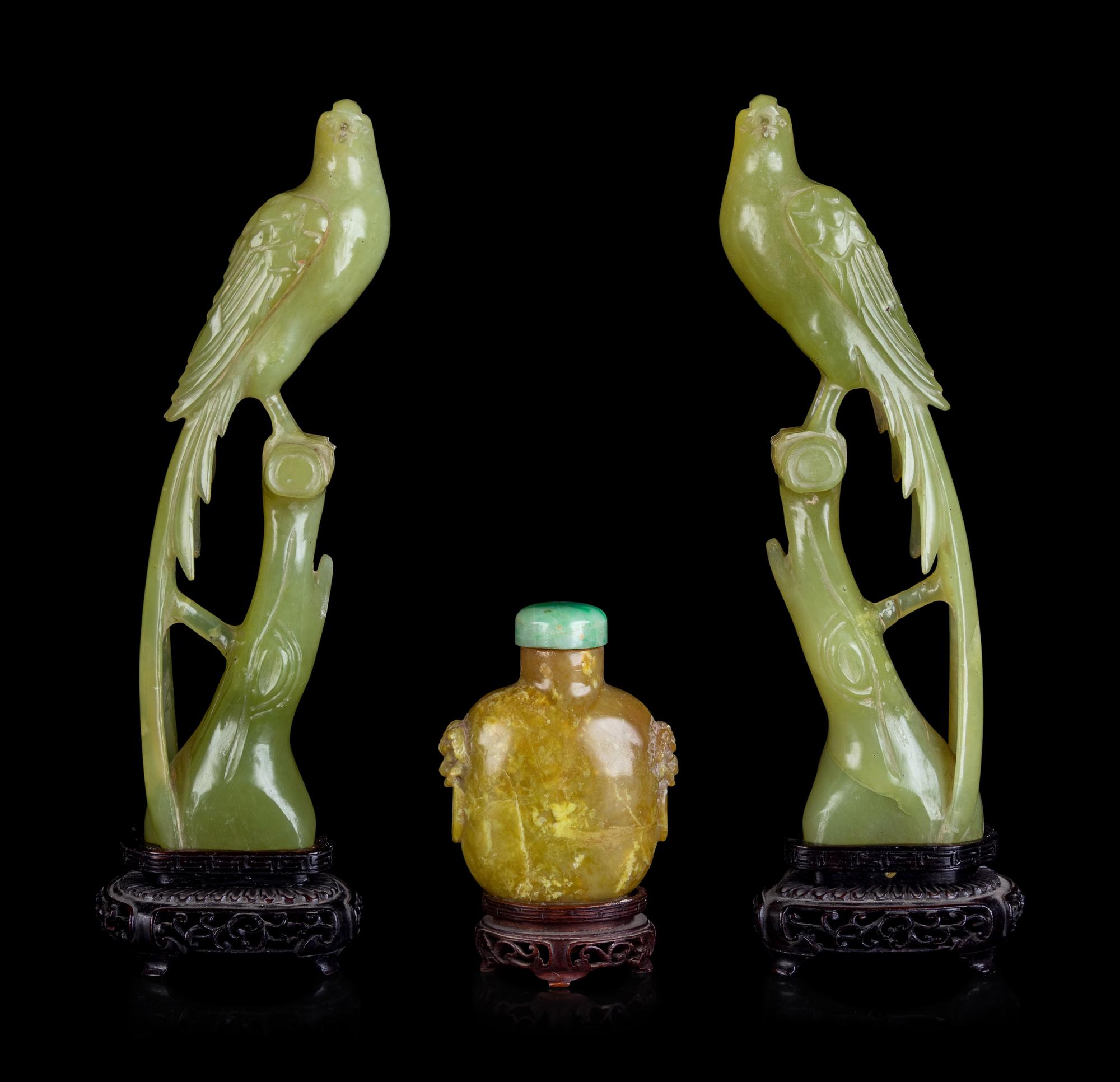 A Chinese Carved Yellow Hardstone Snuff Bottle and A Pair of Chinese Carved Hardstone Figures of Birds