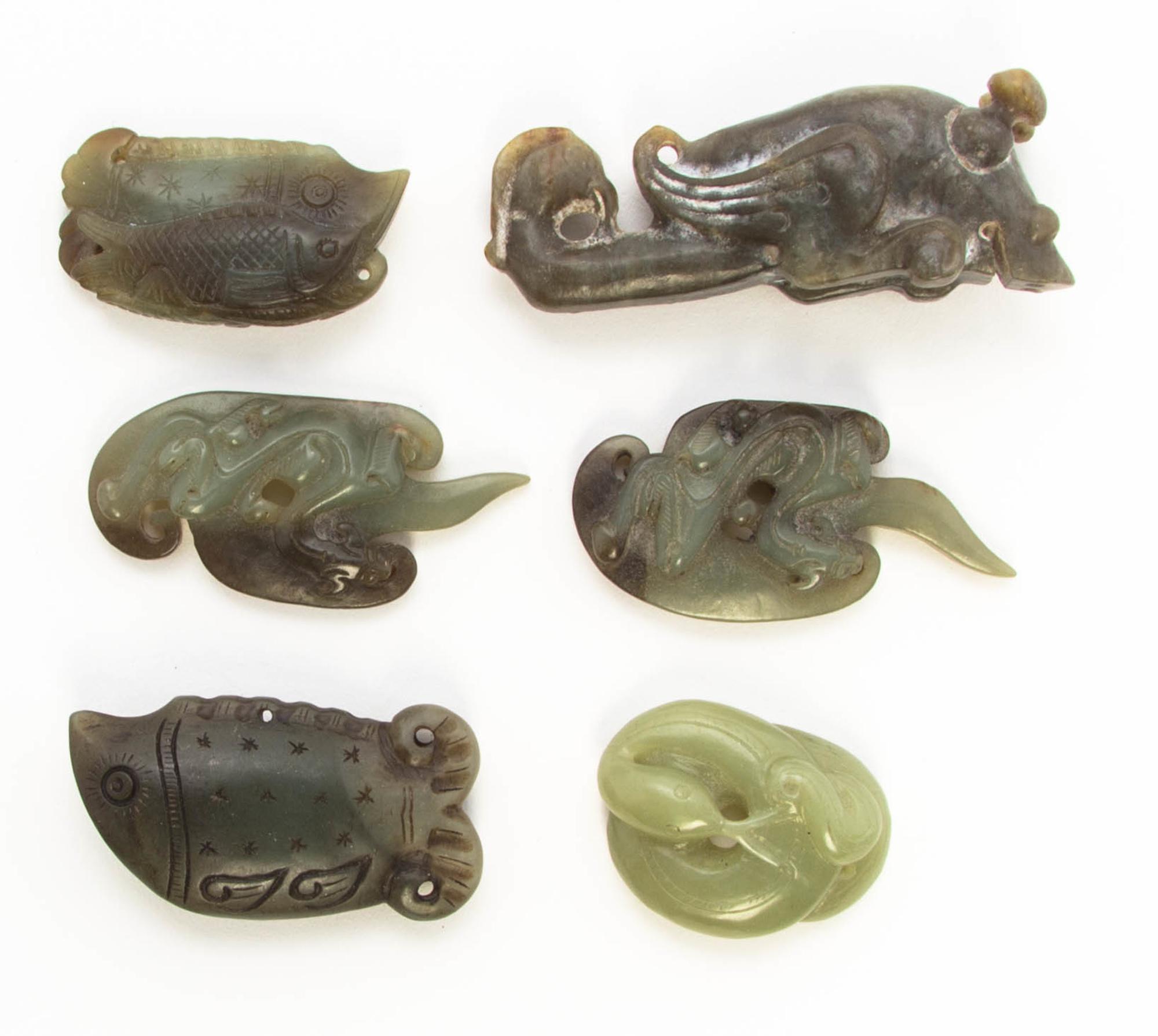 A Group of Six Carved Hardstone Articles Height of tallest 3 5/8 inches.