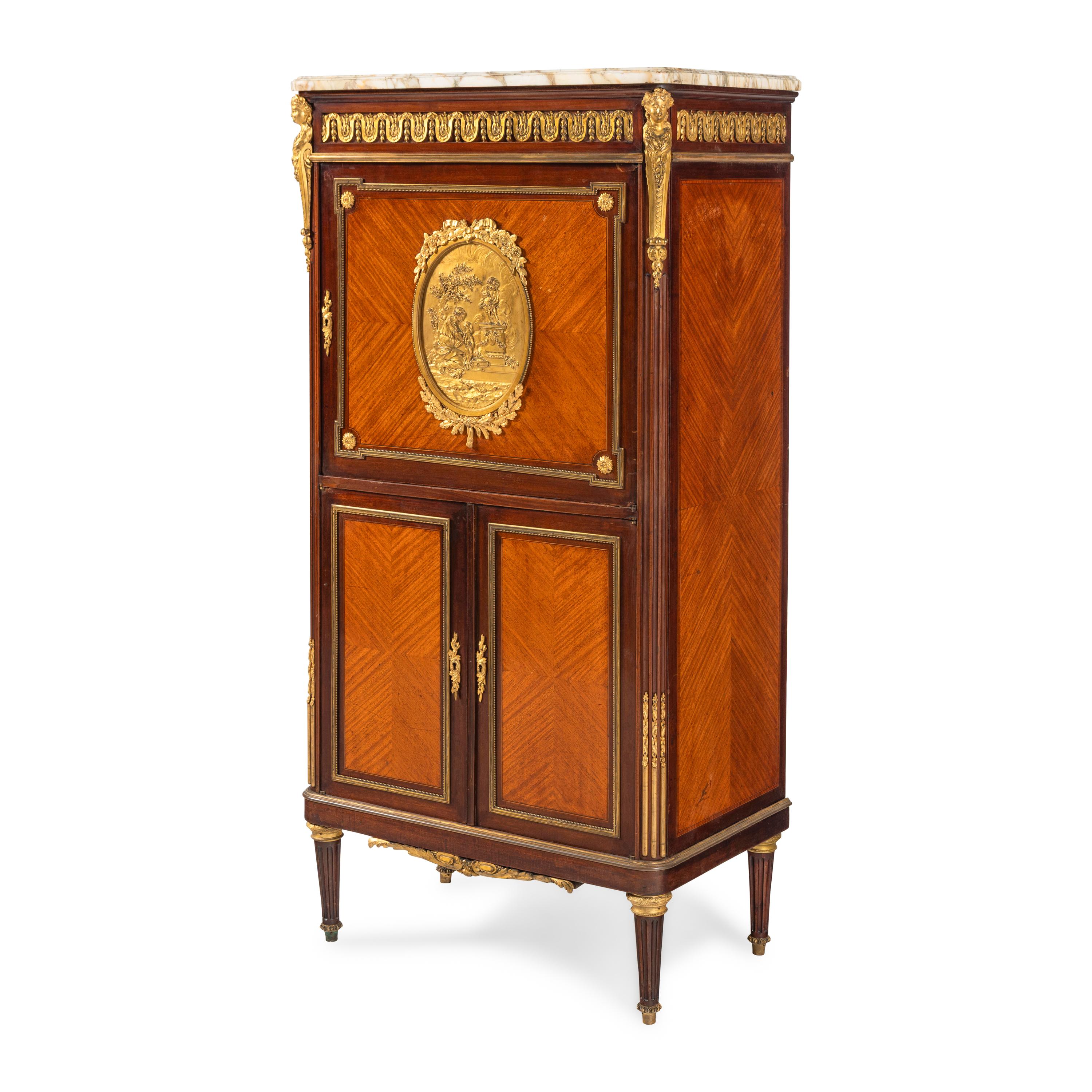 A Louis XV Style Gilt Bronze Mounted Mahogany and Tulipwood Marble-Top Cabinet