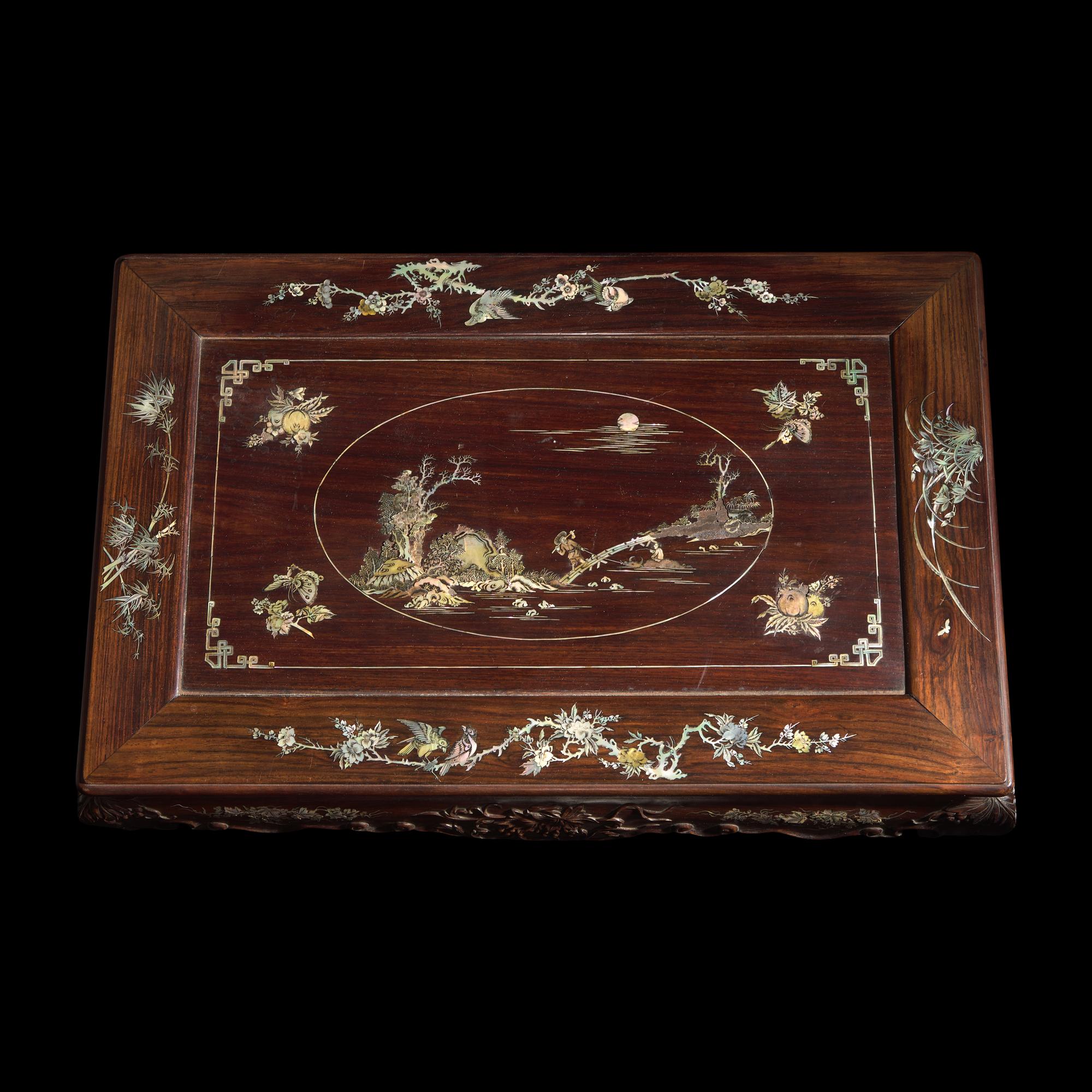A Finely-Carved and Inlaid Hardwood Small Low Table, First Half of 20th Century — 民國 硬木嵌螺鈿方座