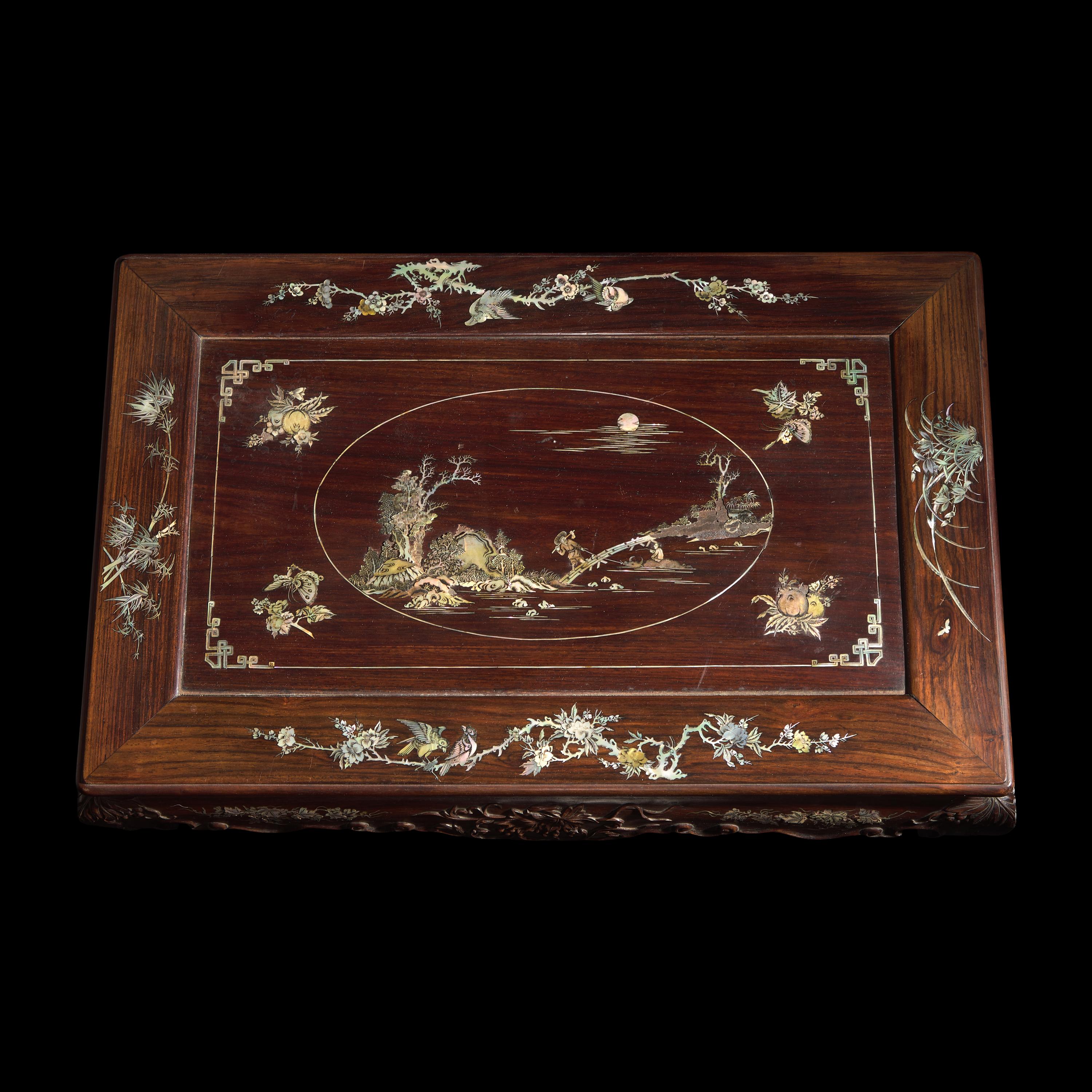 A Finely-Carved and Inlaid Hardwood Small Low Table, First Half of 20th Century — 民國 硬木嵌螺鈿方座