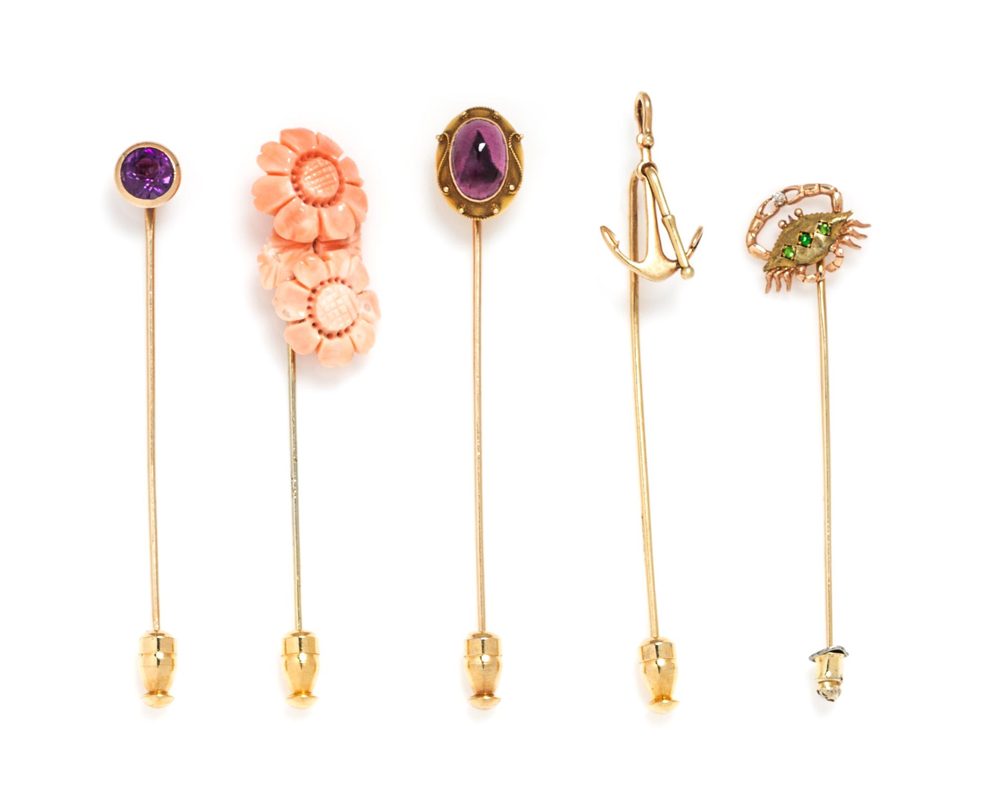 A Collection of Yellow Gold and Multigem Stickpins, 7.90 dwts.