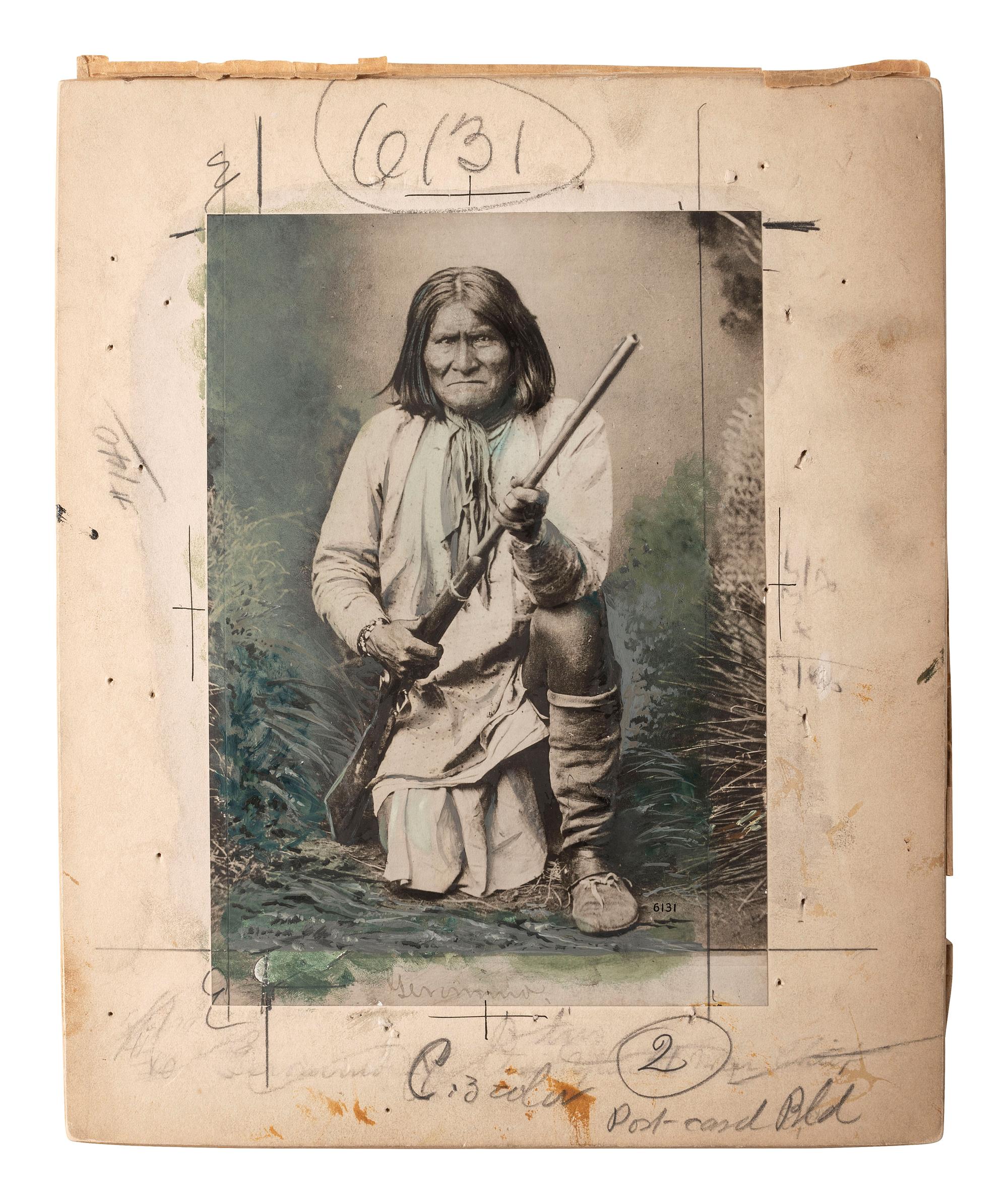 [NATIVE AMERICANS]. [RANDALL, A. Frank, photographer]. Photograph of Geronimo marked for publication. [Wilcox, Arizona Territory: 1885].